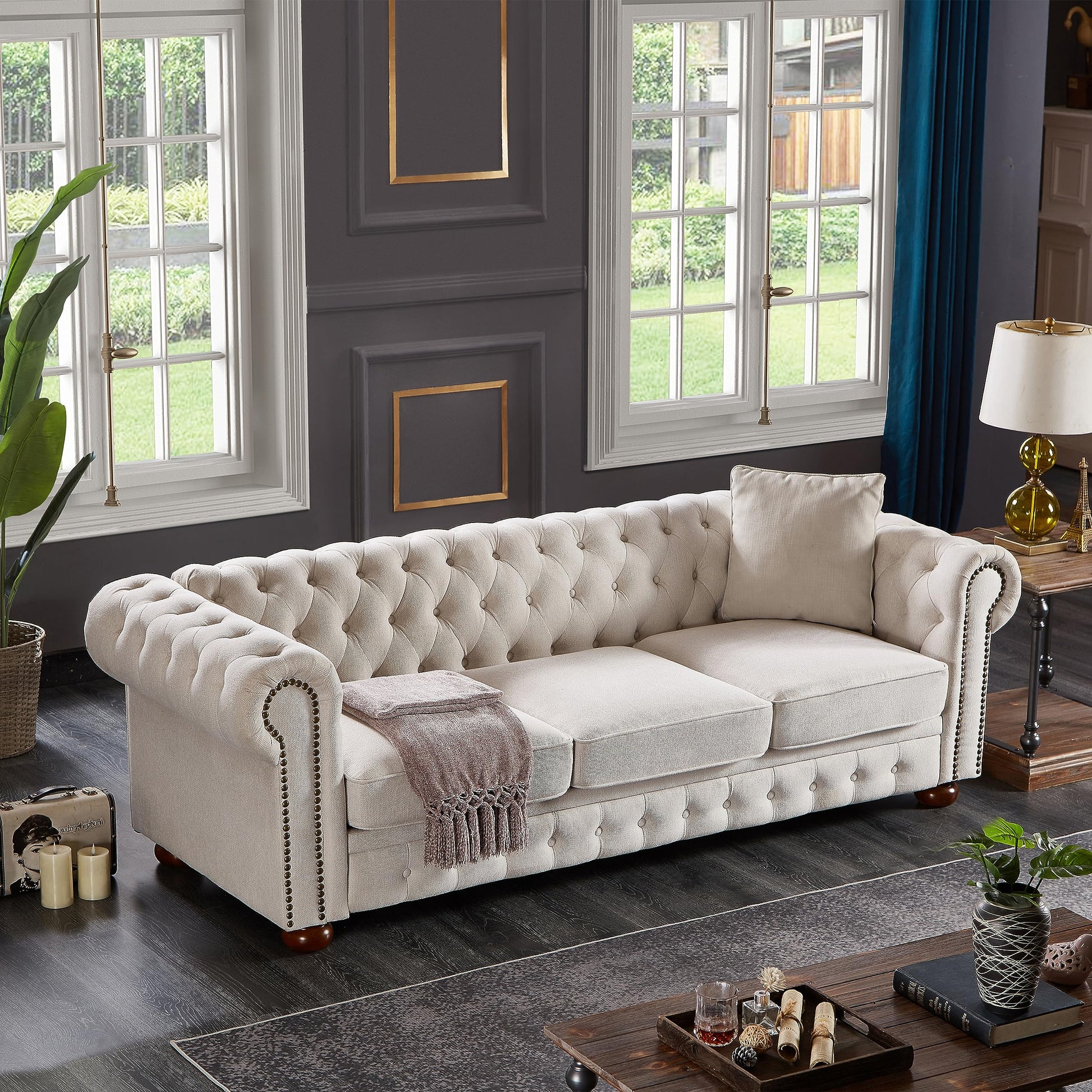 Chesterfield 89" Upholstered Sofa with Low Back, Roll Arm Nailhead Trim EK HOME FURNITURE