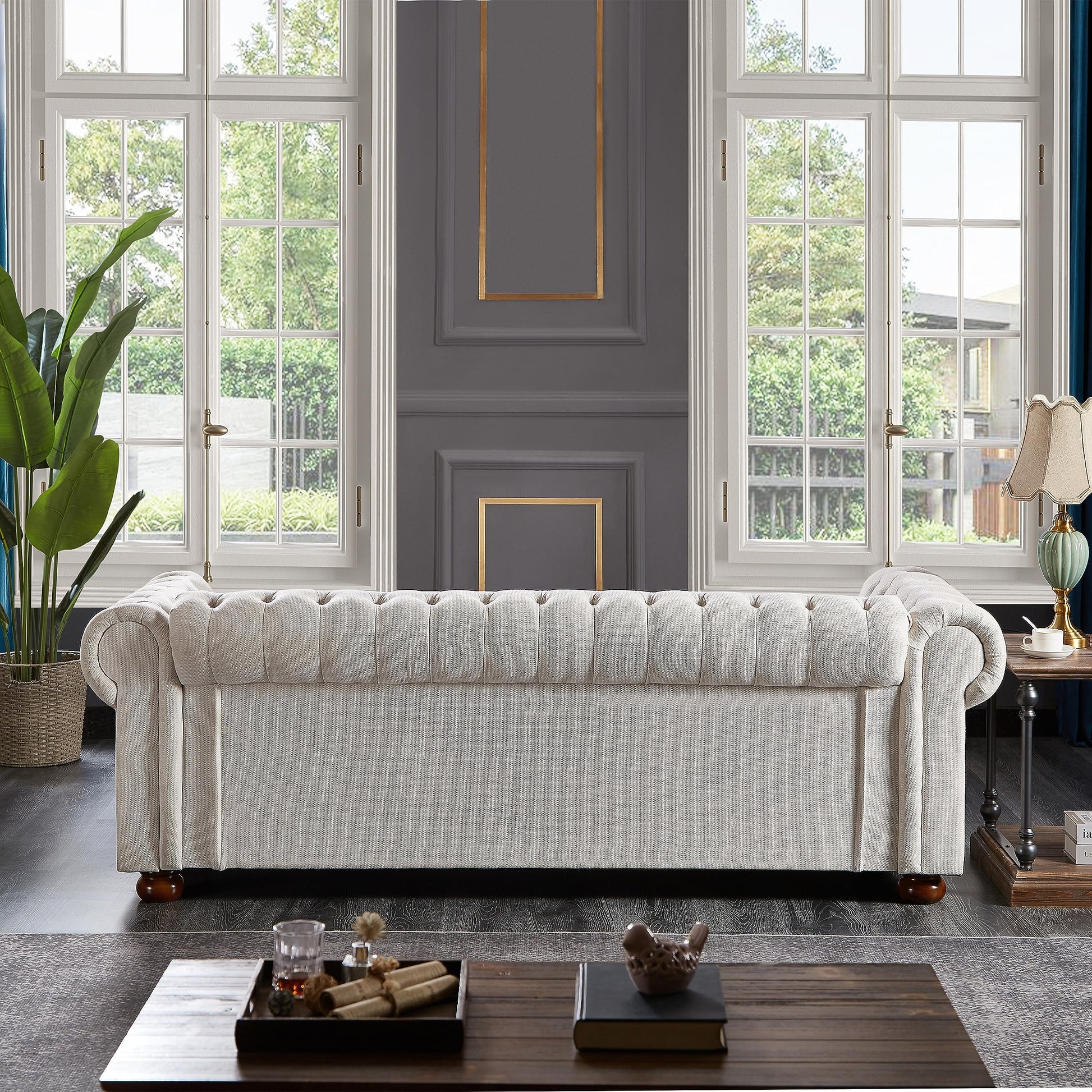 Chesterfield 89" Upholstered Sofa with Low Back, Roll Arm Nailhead Trim EK HOME FURNITURE