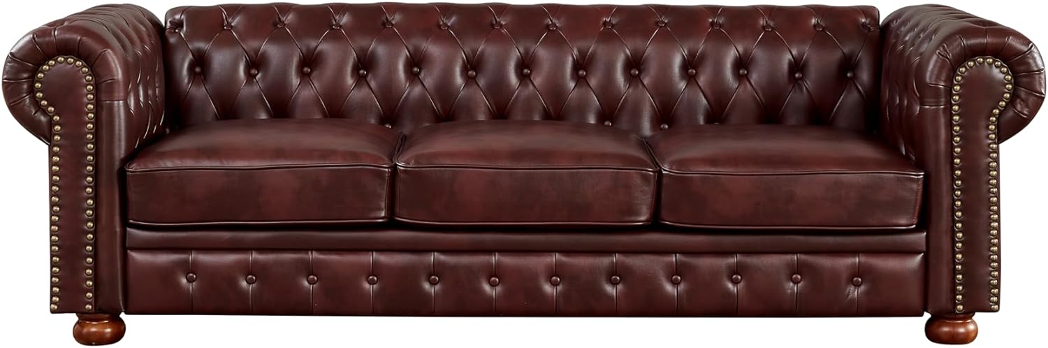 Chesterfield 89" Upholstered Sofa with Low Back, Roll Arm Nailhead Trim EK HOME FURNITURE