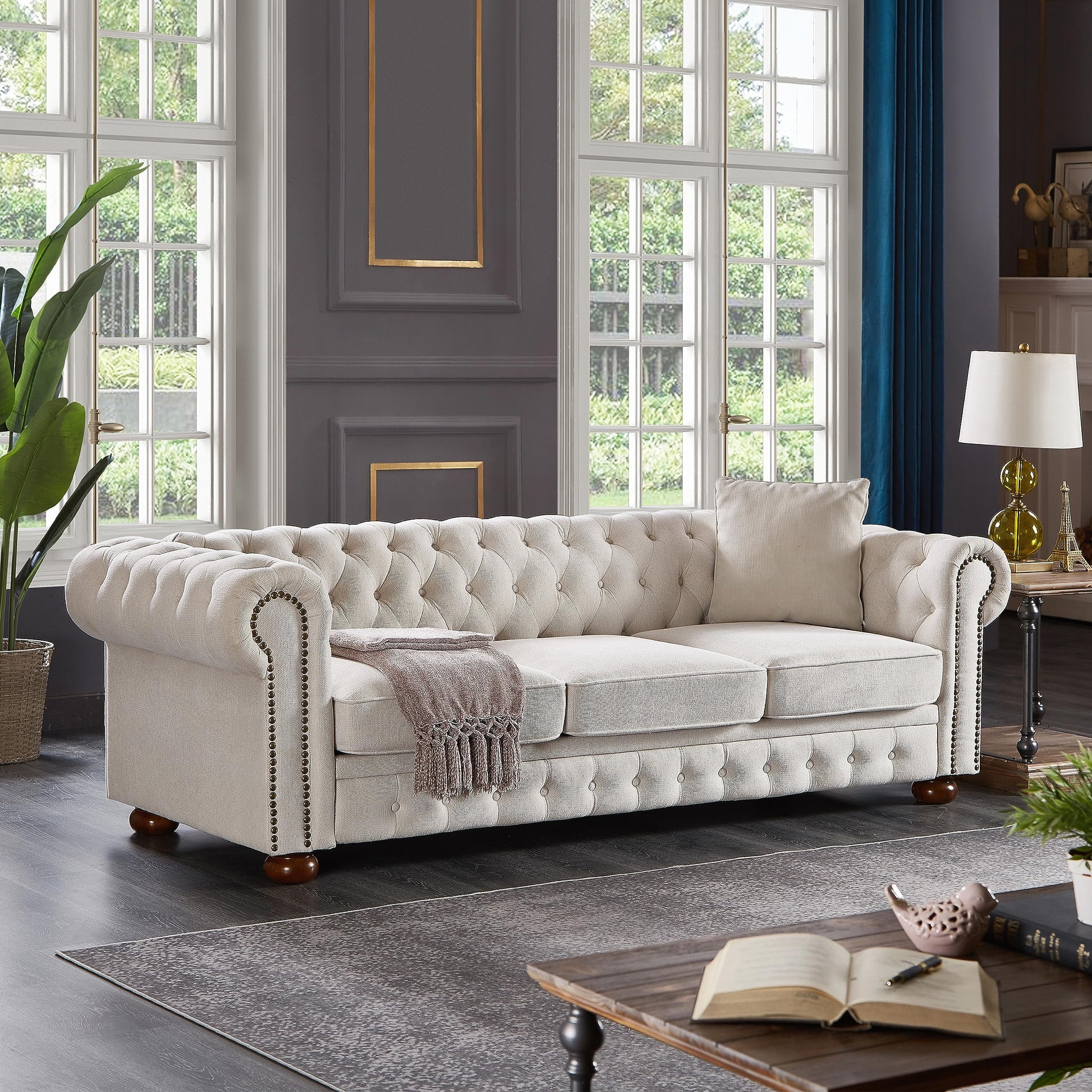 Chesterfield 89" Upholstered Sofa with Low Back, Roll Arm Nailhead Trim EK HOME FURNITURE