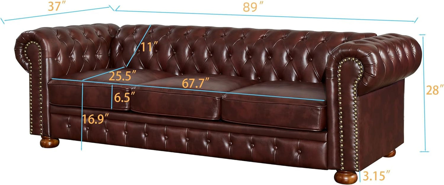 Chesterfield 89" Upholstered Sofa with Low Back, Roll Arm Nailhead Trim EK HOME FURNITURE