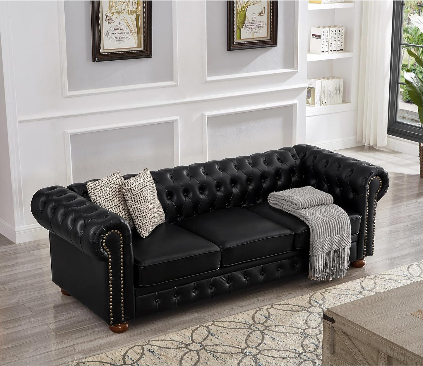 Chesterfield 89" Upholstered Sofa with Low Back, Roll Arm Nailhead Trim EK HOME FURNITURE