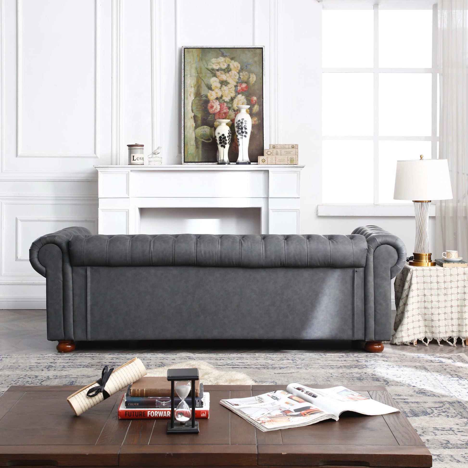 Chesterfield 89" Upholstered Sofa with Low Back, Roll Arm Nailhead Trim EK HOME FURNITURE