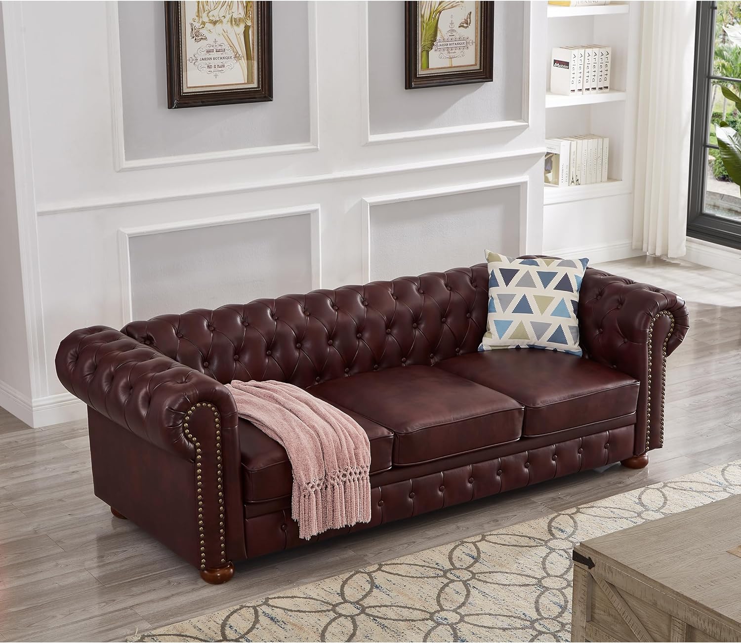 Chesterfield 89" Upholstered Sofa with Low Back, Roll Arm Nailhead Trim EK HOME FURNITURE