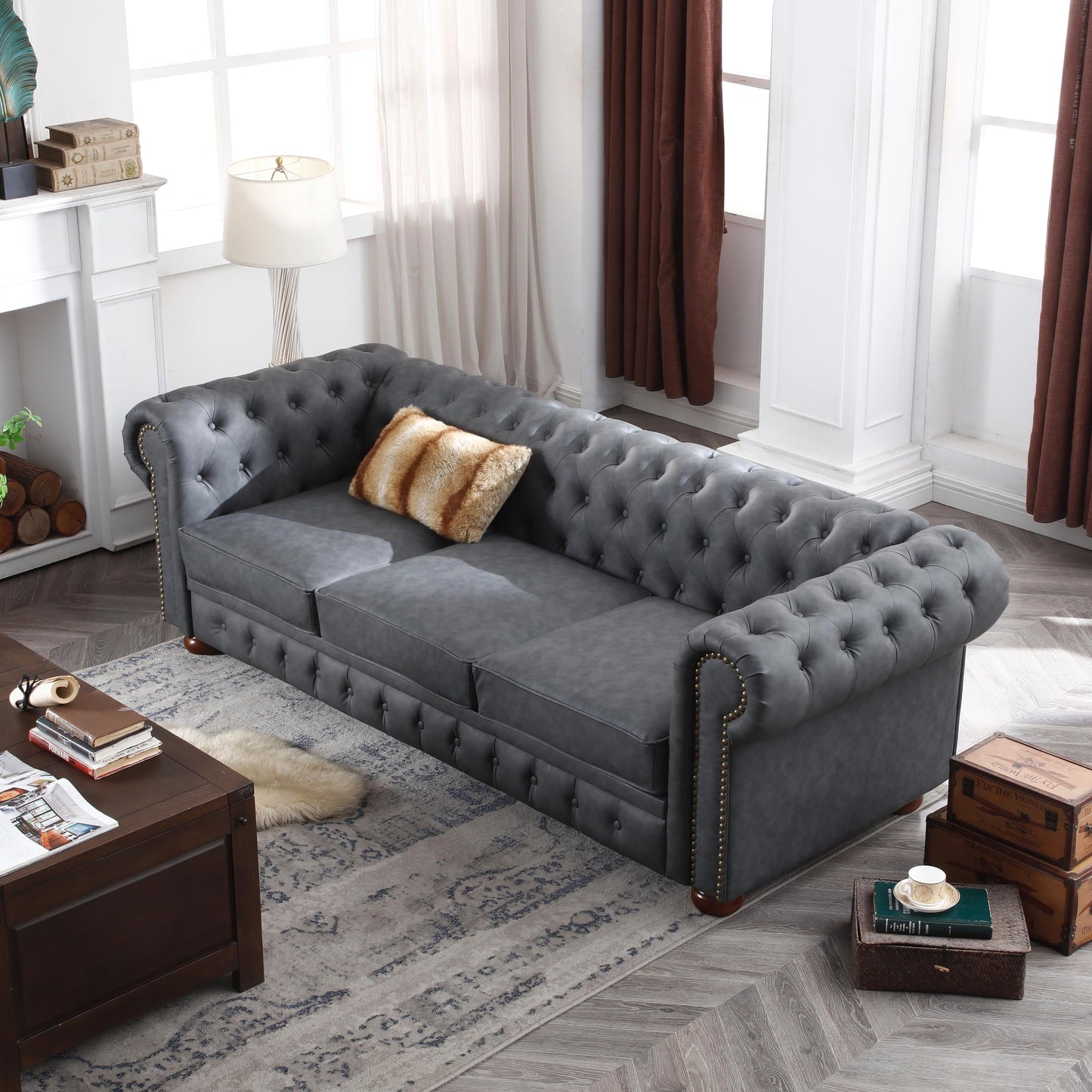 Chesterfield 89" Upholstered Sofa with Low Back, Roll Arm Nailhead Trim EK HOME FURNITURE