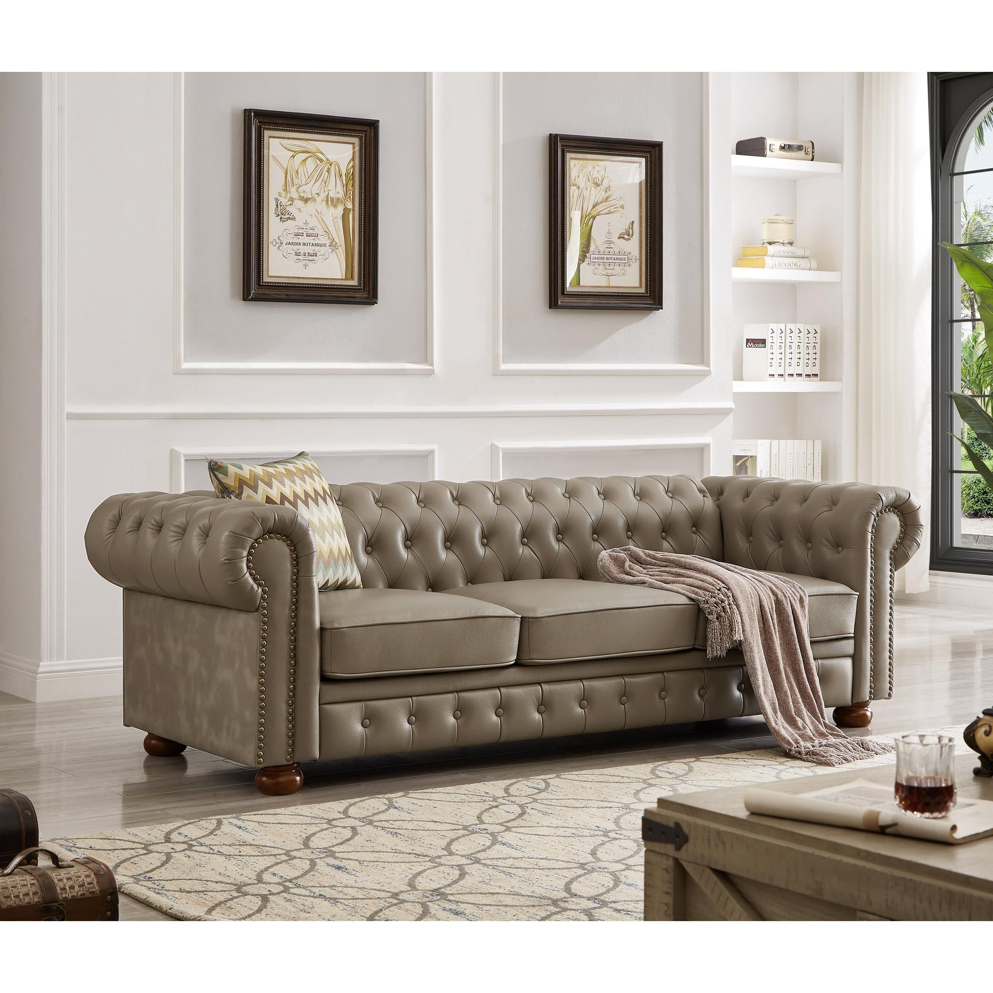 Chesterfield 89" Upholstered Sofa with Low Back, Roll Arm Nailhead Trim EK HOME FURNITURE