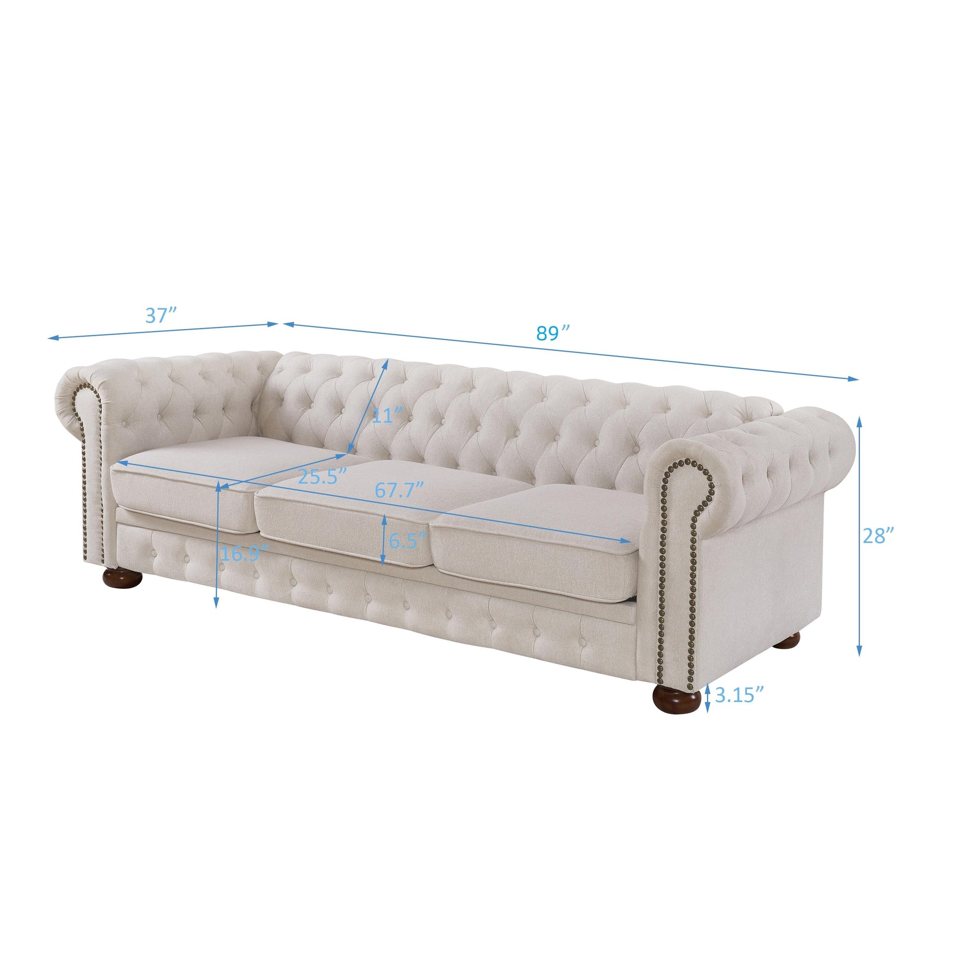 Chesterfield 89" Upholstered Sofa with Low Back, Roll Arm Nailhead Trim EK HOME FURNITURE