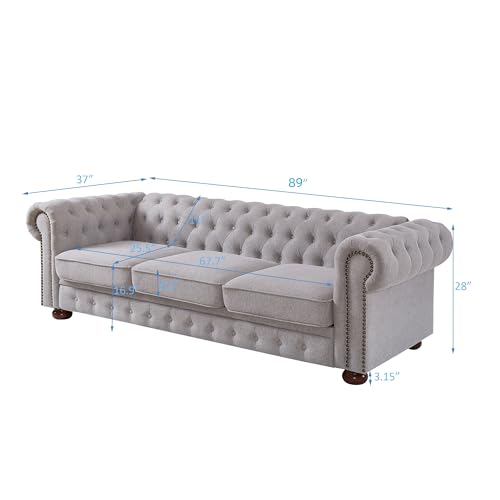 Chesterfield 89" Upholstered Sofa with Low Back, Roll Arm Nailhead Trim EK HOME FURNITURE