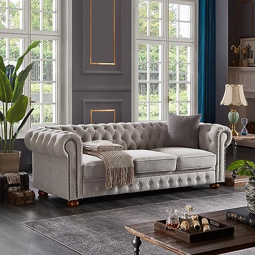 Chesterfield 89" Upholstered Sofa with Low Back, Roll Arm Nailhead Trim EK HOME FURNITURE