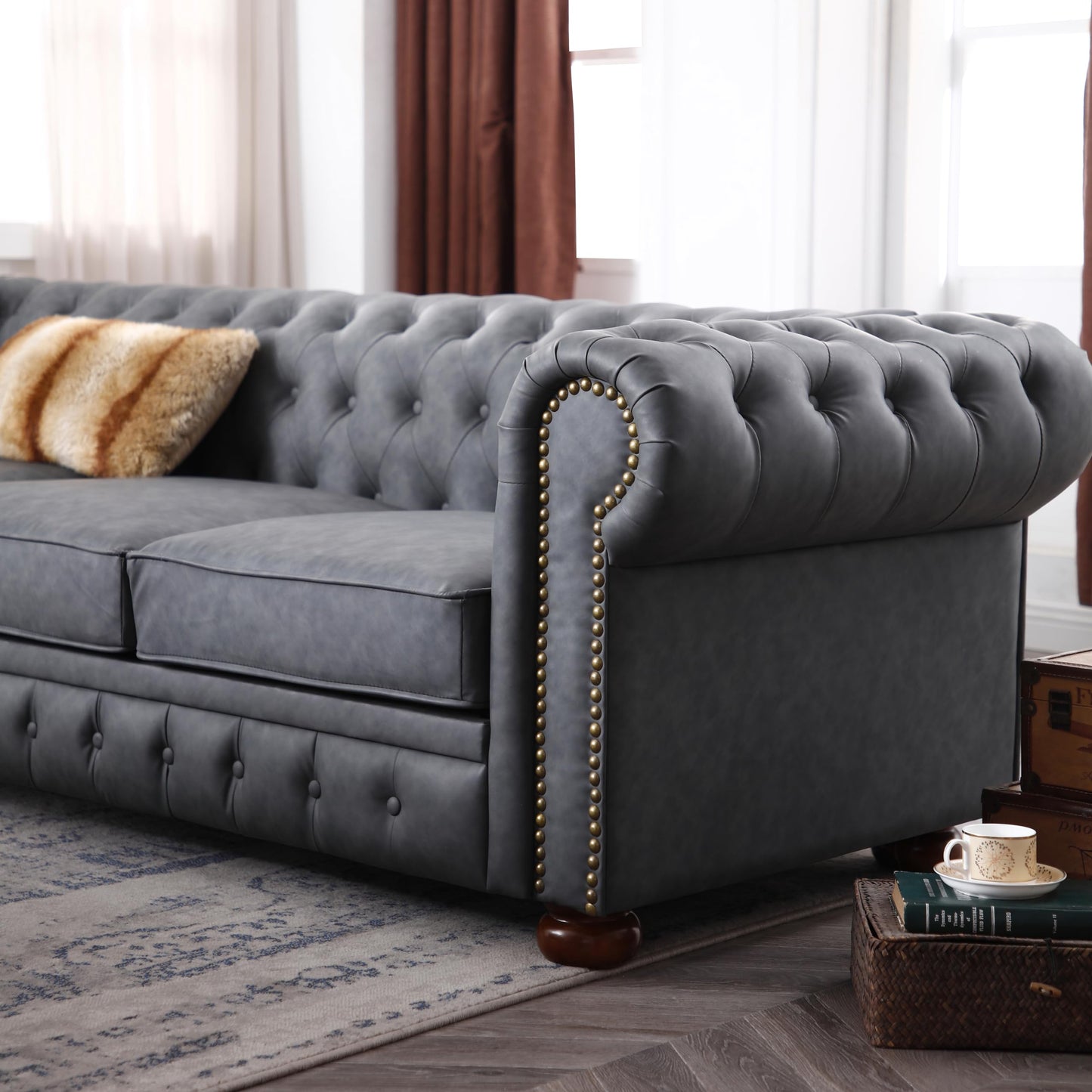 Chesterfield 89" Upholstered Sofa with Low Back, Roll Arm Nailhead Trim EK HOME FURNITURE