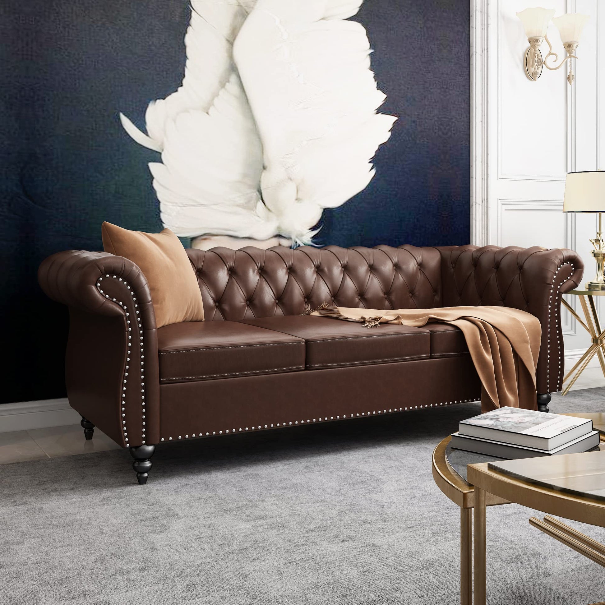 Chesterfield Velvet Modern Tufted Couch 3 Seater with Rolled Arms and Nailhead EK HOME FURNITURE