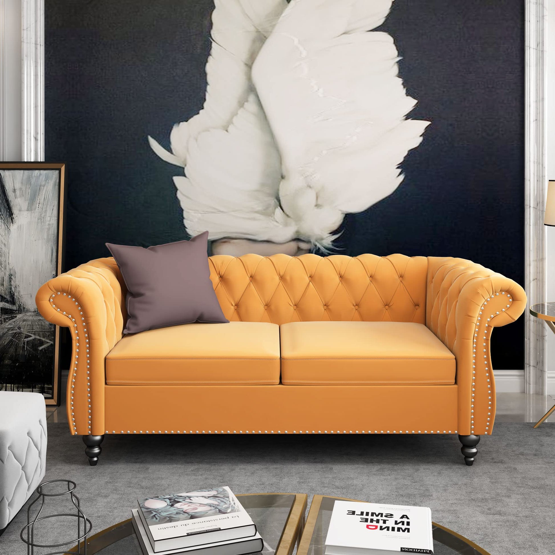 Chesterfield Velvet Modern Tufted Couch 3 Seater with Rolled Arms and Nailhead EK HOME FURNITURE