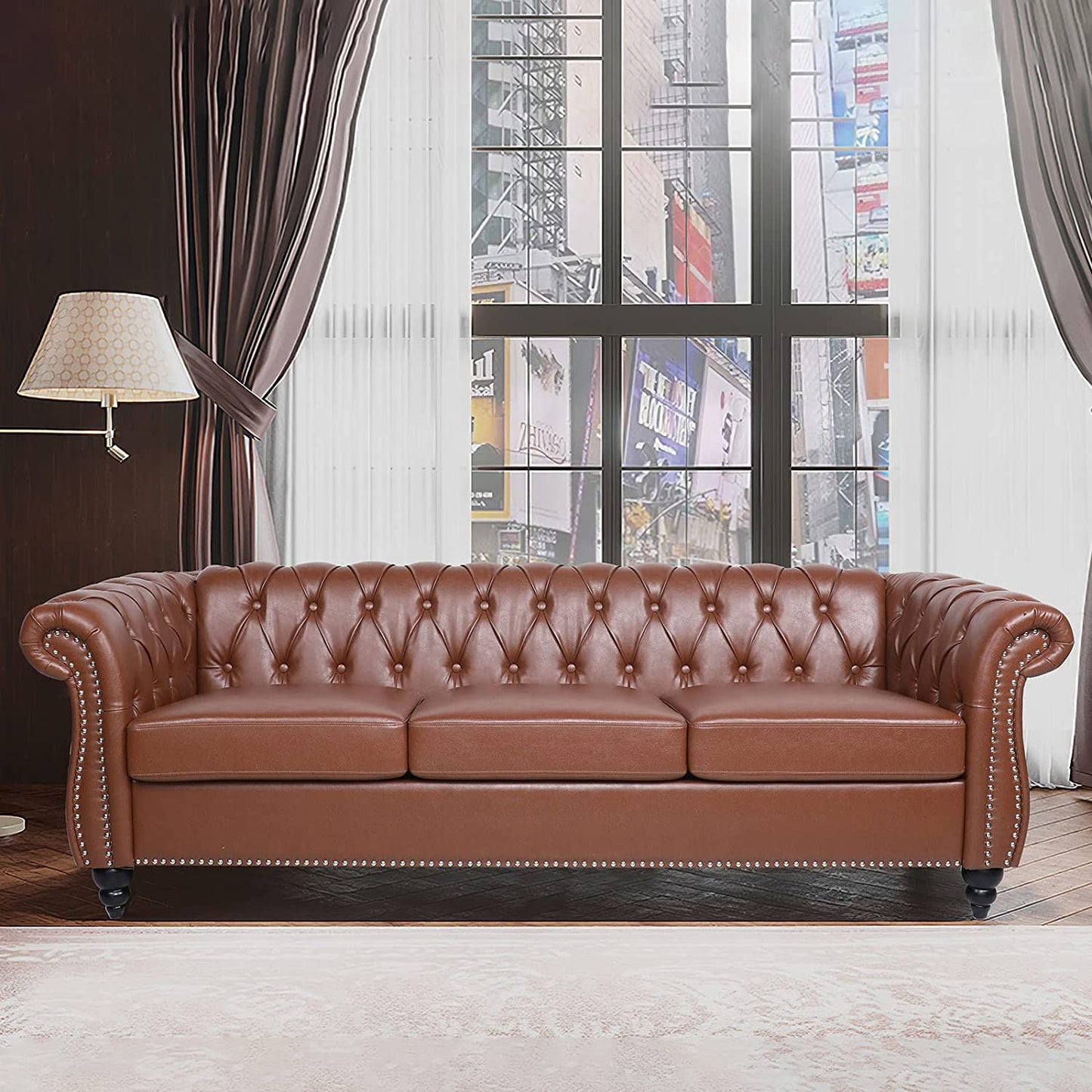 Chesterfield Velvet Modern Tufted Couch 3 Seater with Rolled Arms and Nailhead EK HOME FURNITURE