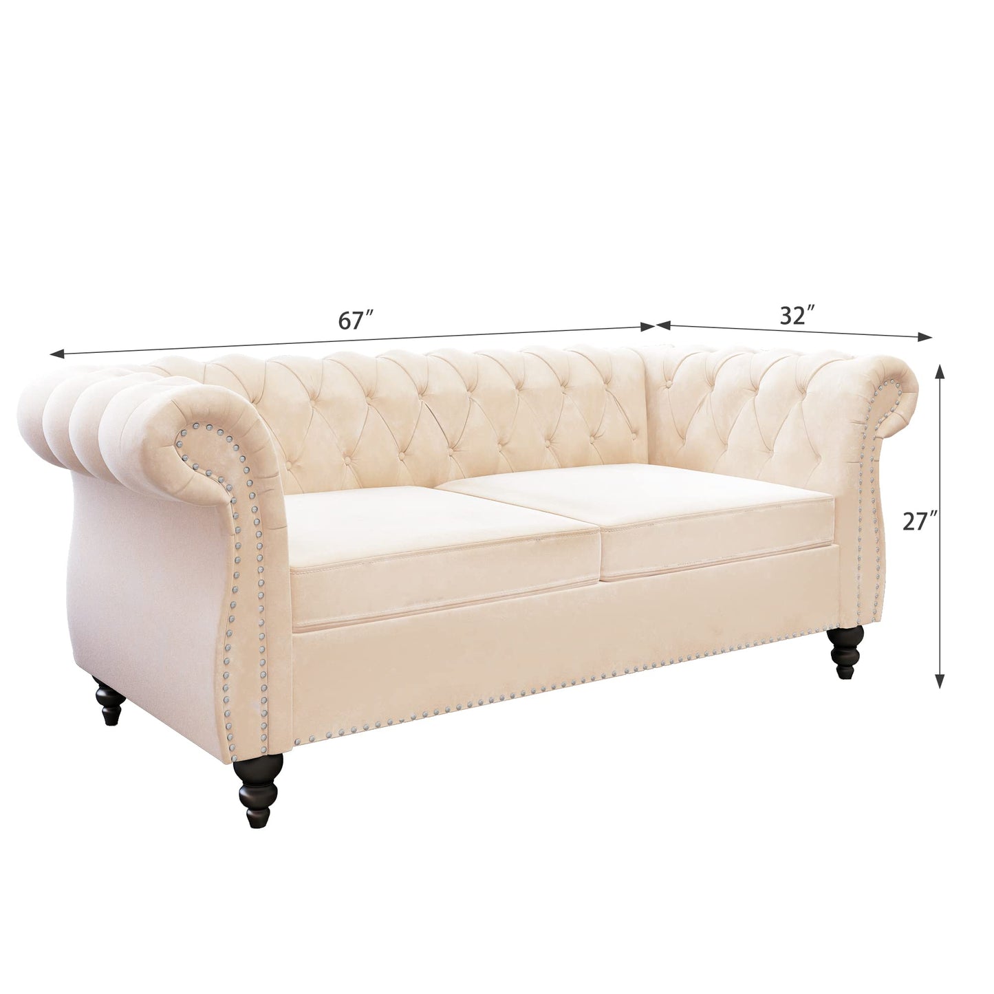 Chesterfield Velvet Modern Tufted Couch 3 Seater with Rolled Arms and Nailhead EK HOME FURNITURE