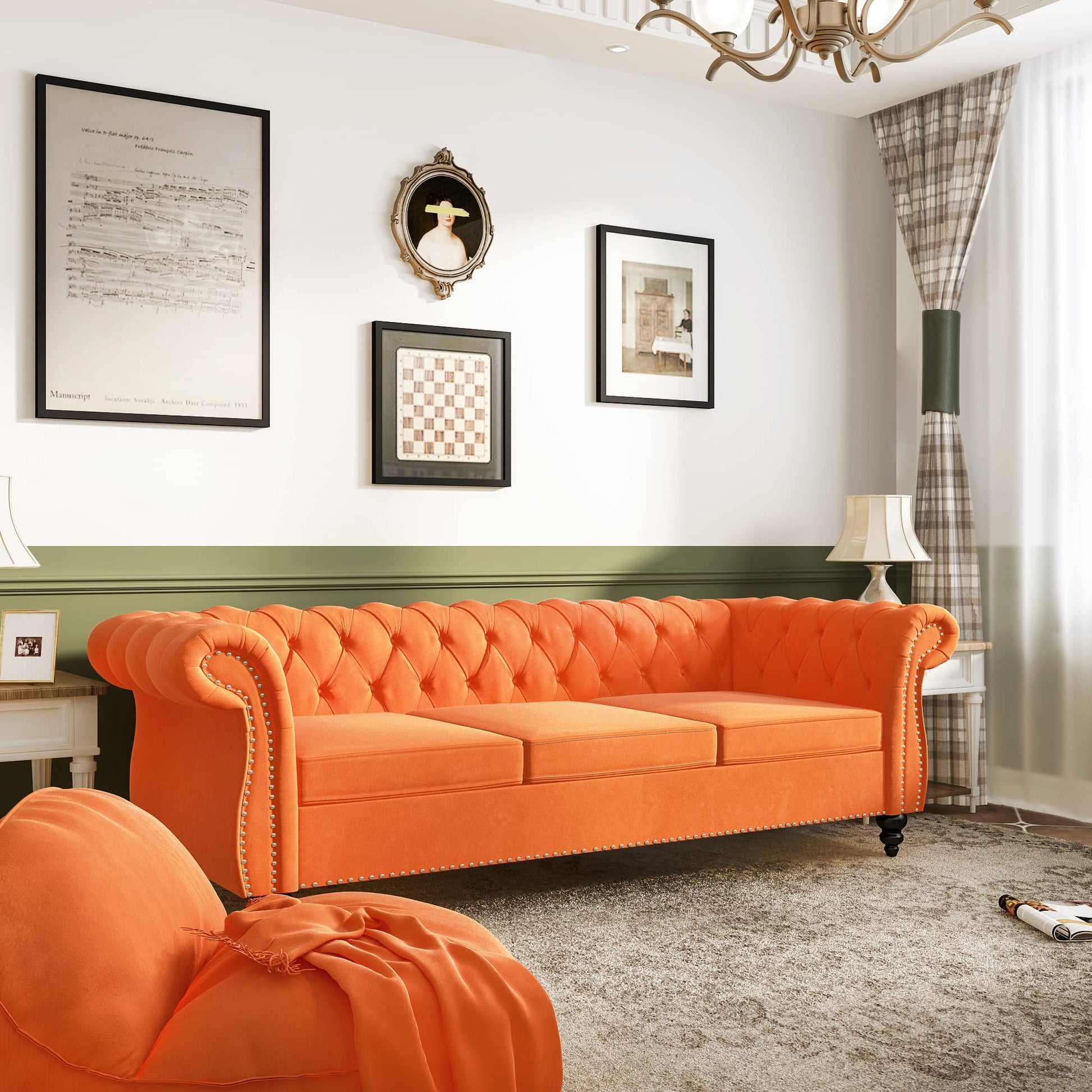 Chesterfield Velvet Modern Tufted Couch 3 Seater with Rolled Arms and Nailhead EK HOME FURNITURE