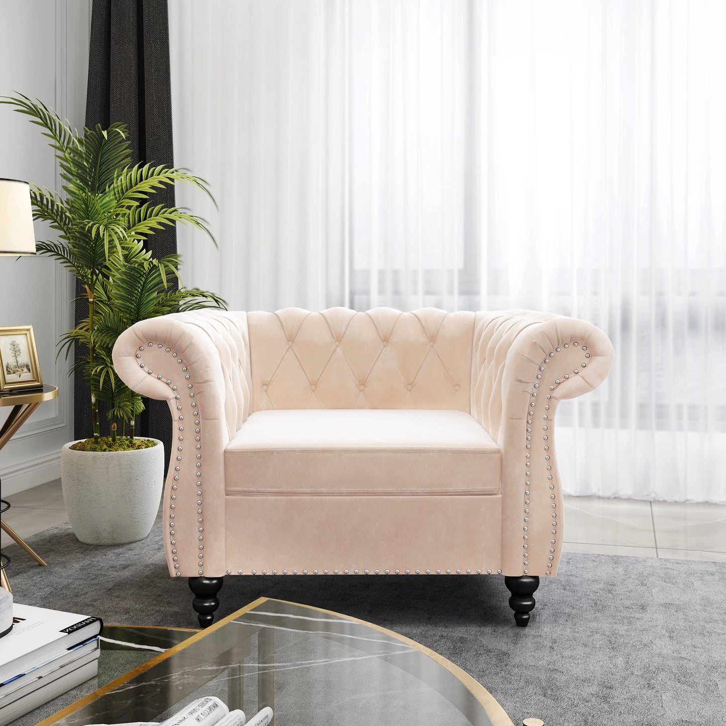 Chesterfield Velvet Modern Tufted Couch 3 Seater with Rolled Arms and Nailhead EK HOME FURNITURE