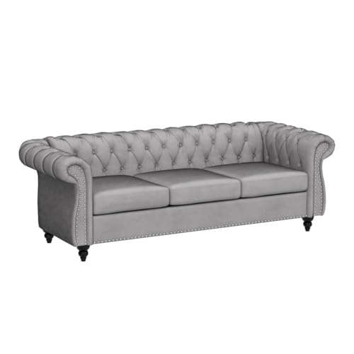 Chesterfield Velvet Modern Tufted Couch 3 Seater with Rolled Arms and Nailhead EK HOME FURNITURE