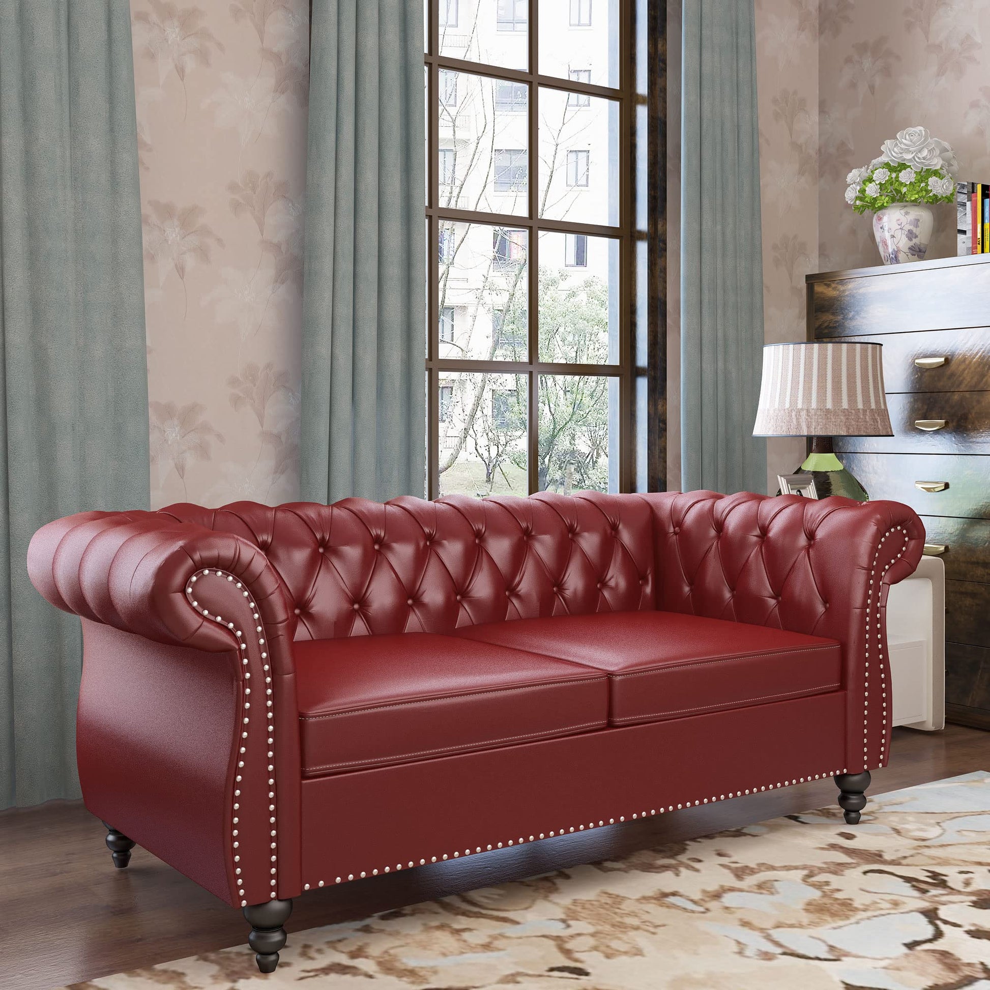 Chesterfield Velvet Modern Tufted Couch 3 Seater with Rolled Arms and Nailhead EK HOME FURNITURE