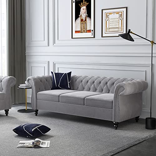 Chesterfield Velvet Modern Tufted Couch 3 Seater with Rolled Arms and Nailhead EK HOME FURNITURE