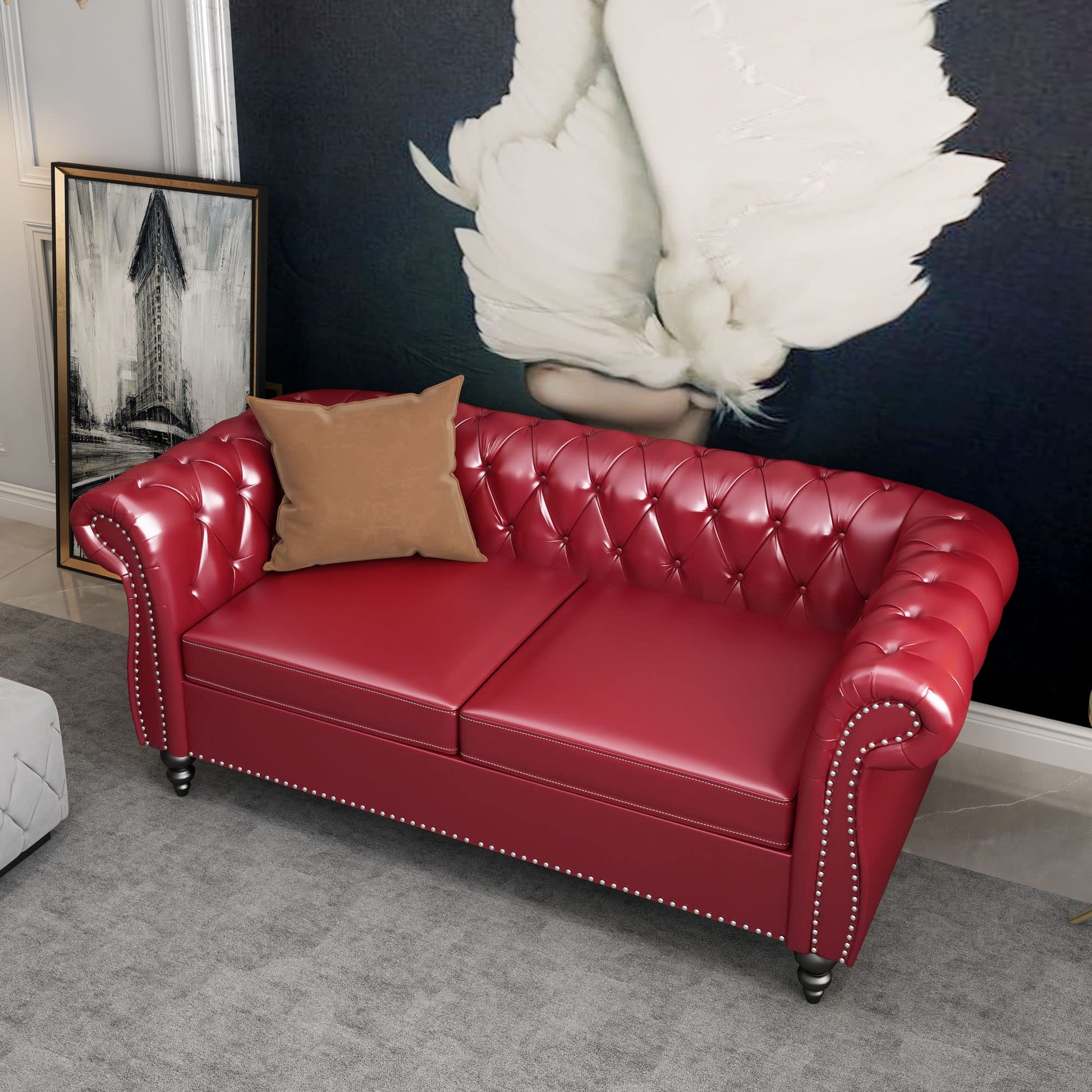 Chesterfield Velvet Modern Tufted Couch 3 Seater with Rolled Arms and Nailhead EK HOME FURNITURE