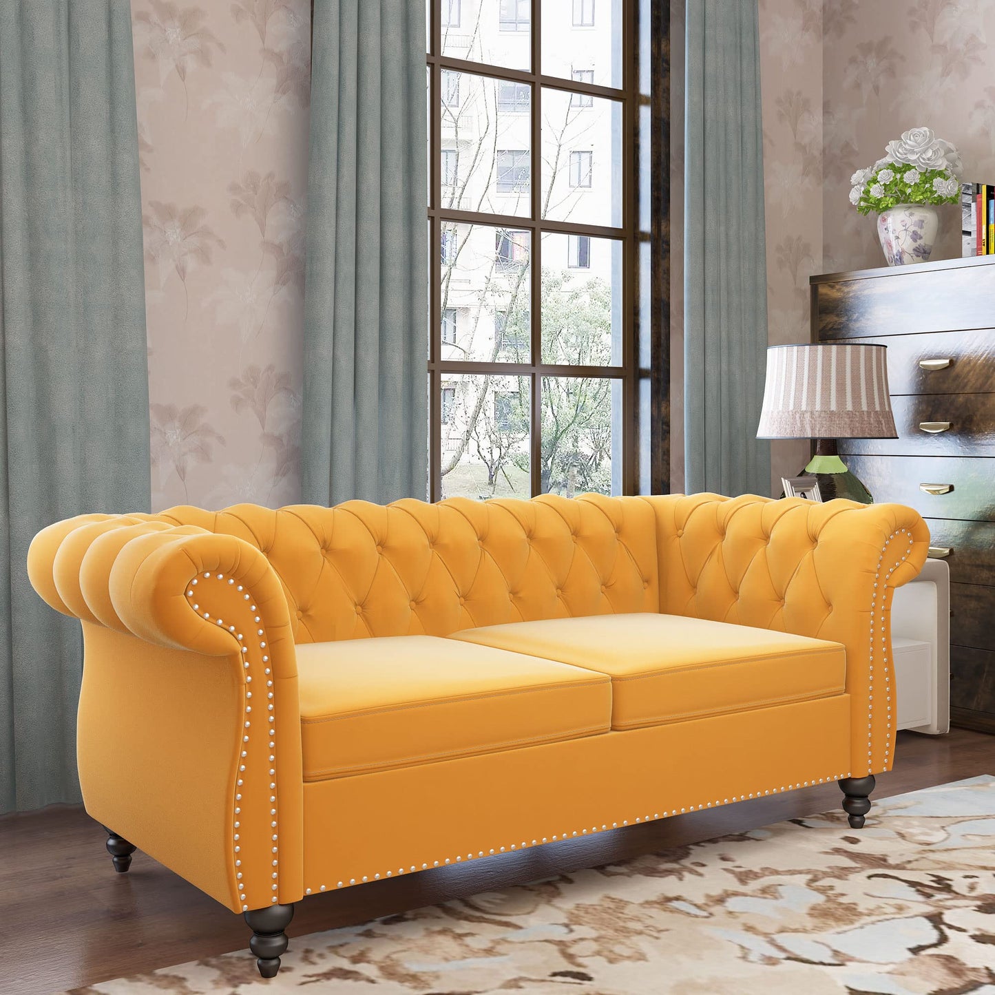 Chesterfield Velvet Modern Tufted Couch 3 Seater with Rolled Arms and Nailhead EK HOME FURNITURE