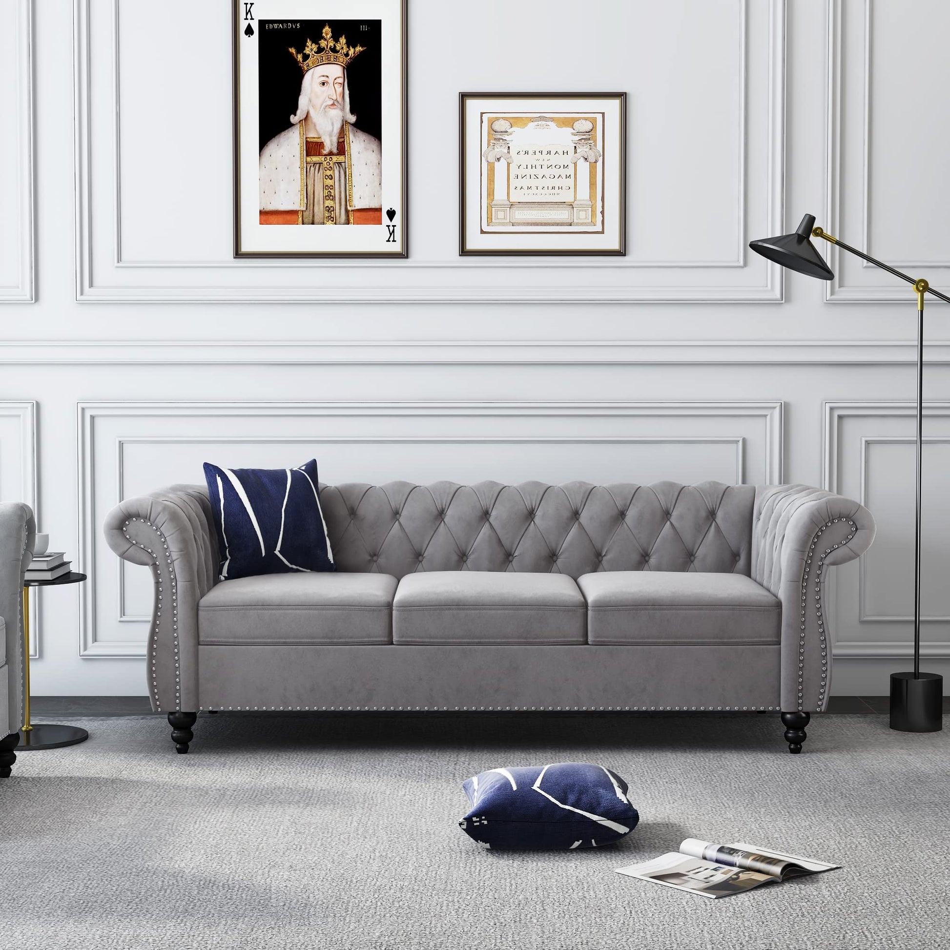 Chesterfield Velvet Modern Tufted Couch 3 Seater with Rolled Arms and Nailhead EK HOME FURNITURE