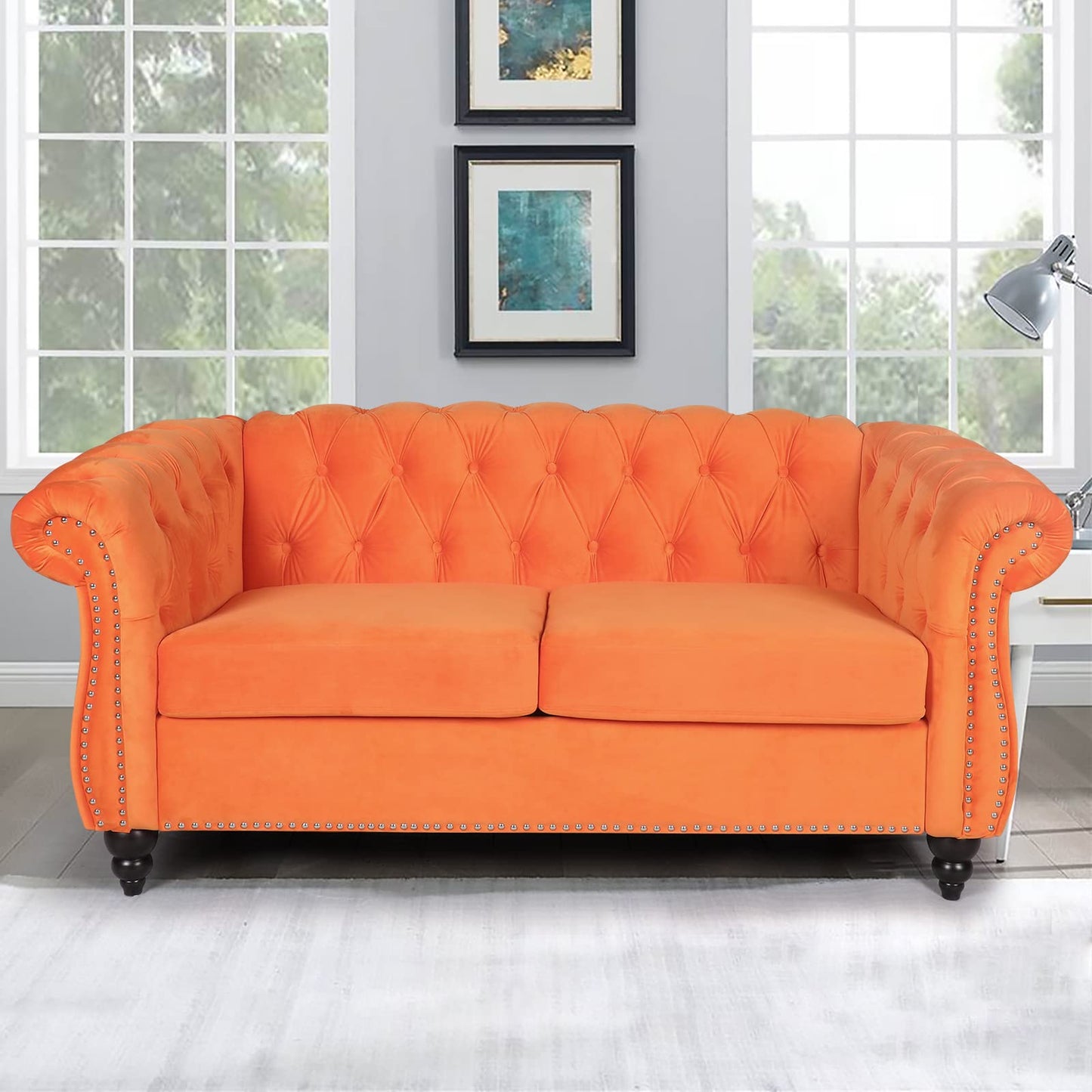 Chesterfield Velvet Modern Tufted Couch 3 Seater with Rolled Arms and Nailhead EK HOME FURNITURE