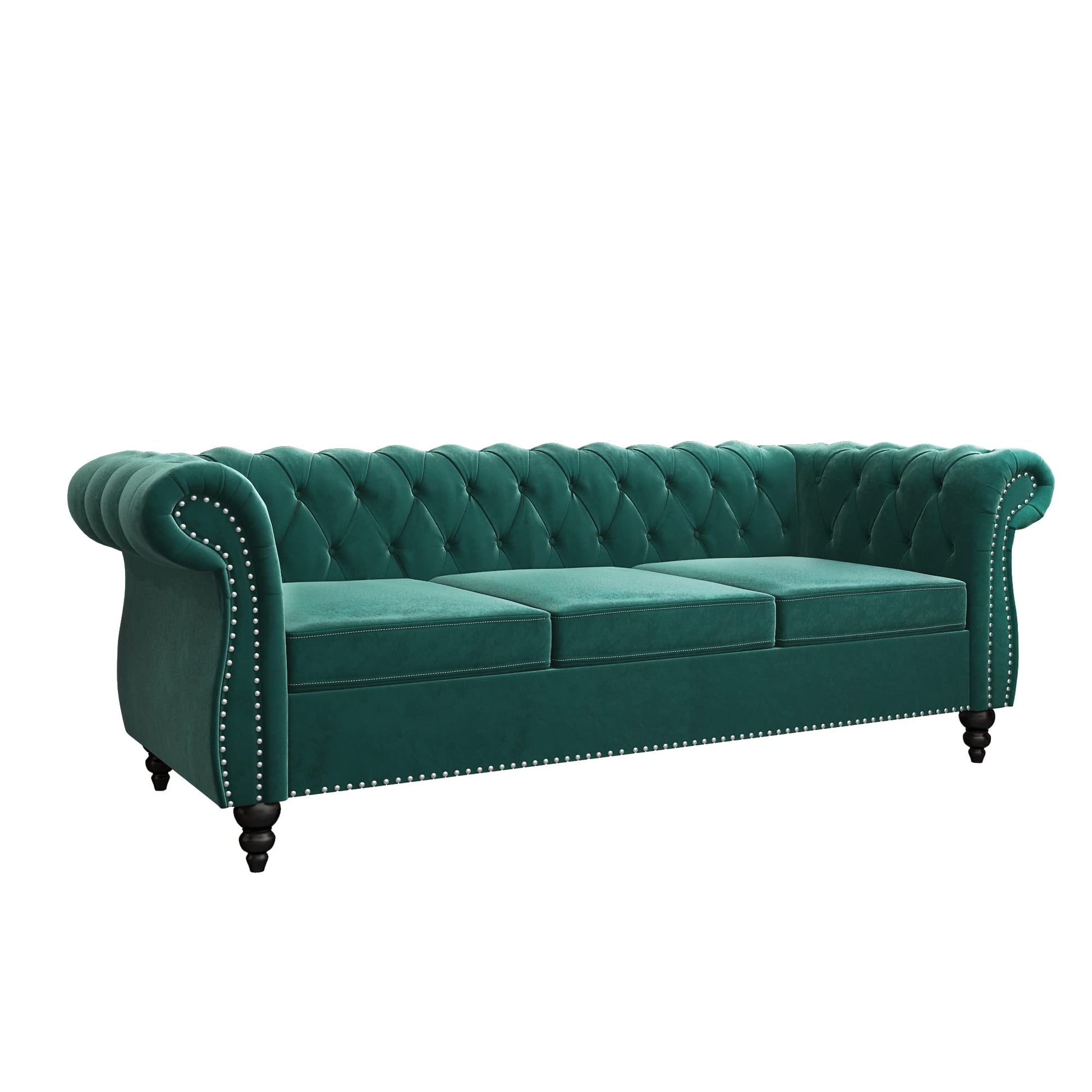 Chesterfield Velvet Modern Tufted Couch 3 Seater with Rolled Arms and Nailhead EK HOME FURNITURE