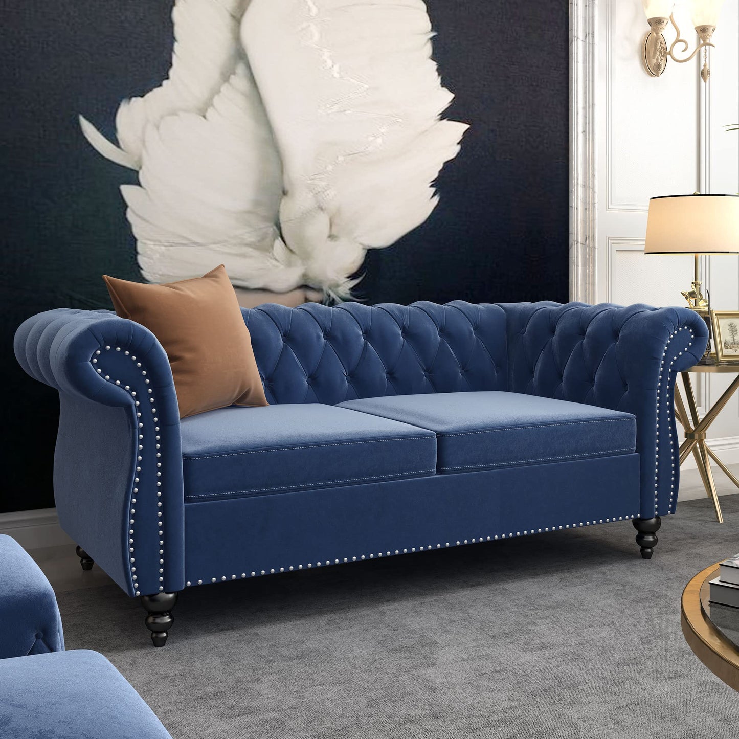 Chesterfield Velvet Modern Tufted Couch 3 Seater with Rolled Arms and Nailhead EK HOME FURNITURE