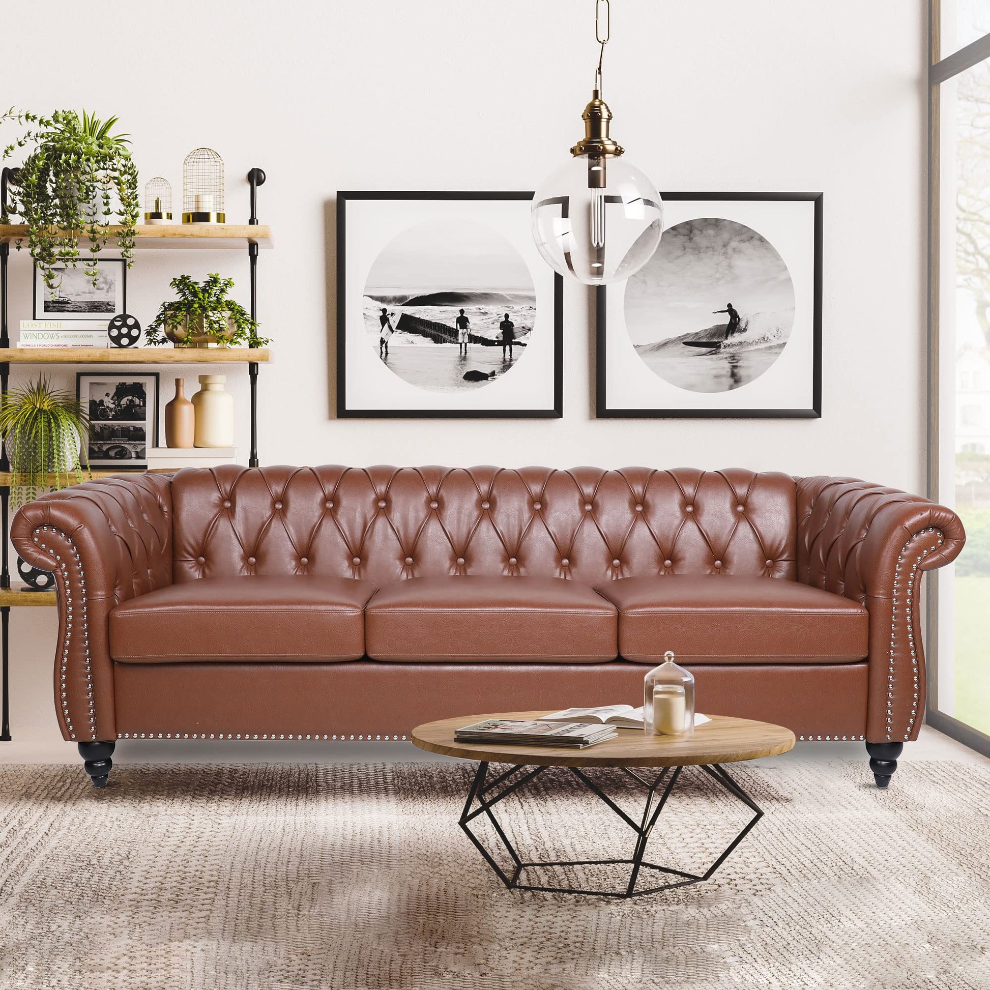 Chesterfield Velvet Modern Tufted Couch 3 Seater with Rolled Arms and Nailhead EK HOME FURNITURE