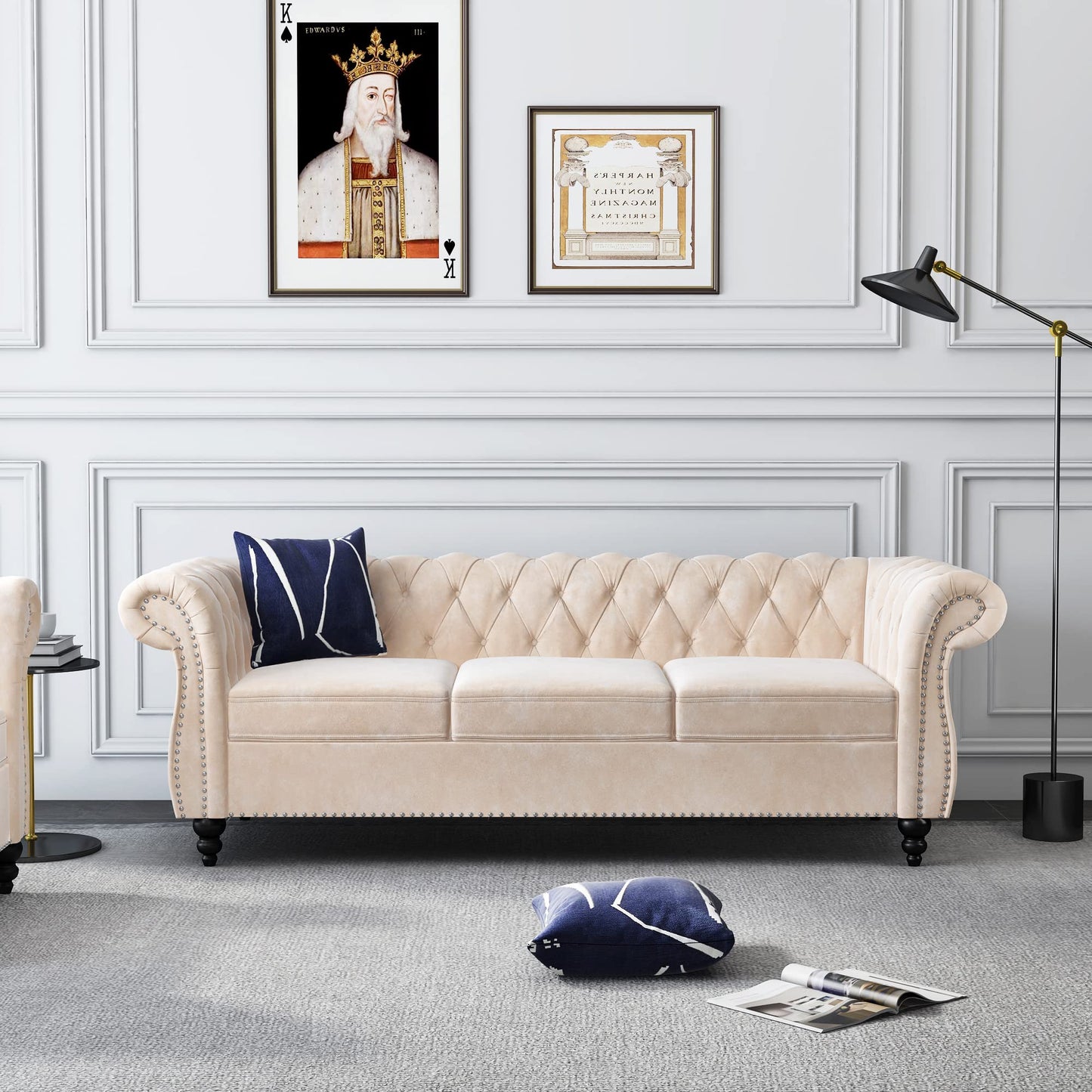 Chesterfield Velvet Modern Tufted Couch 3 Seater with Rolled Arms and Nailhead EK HOME FURNITURE