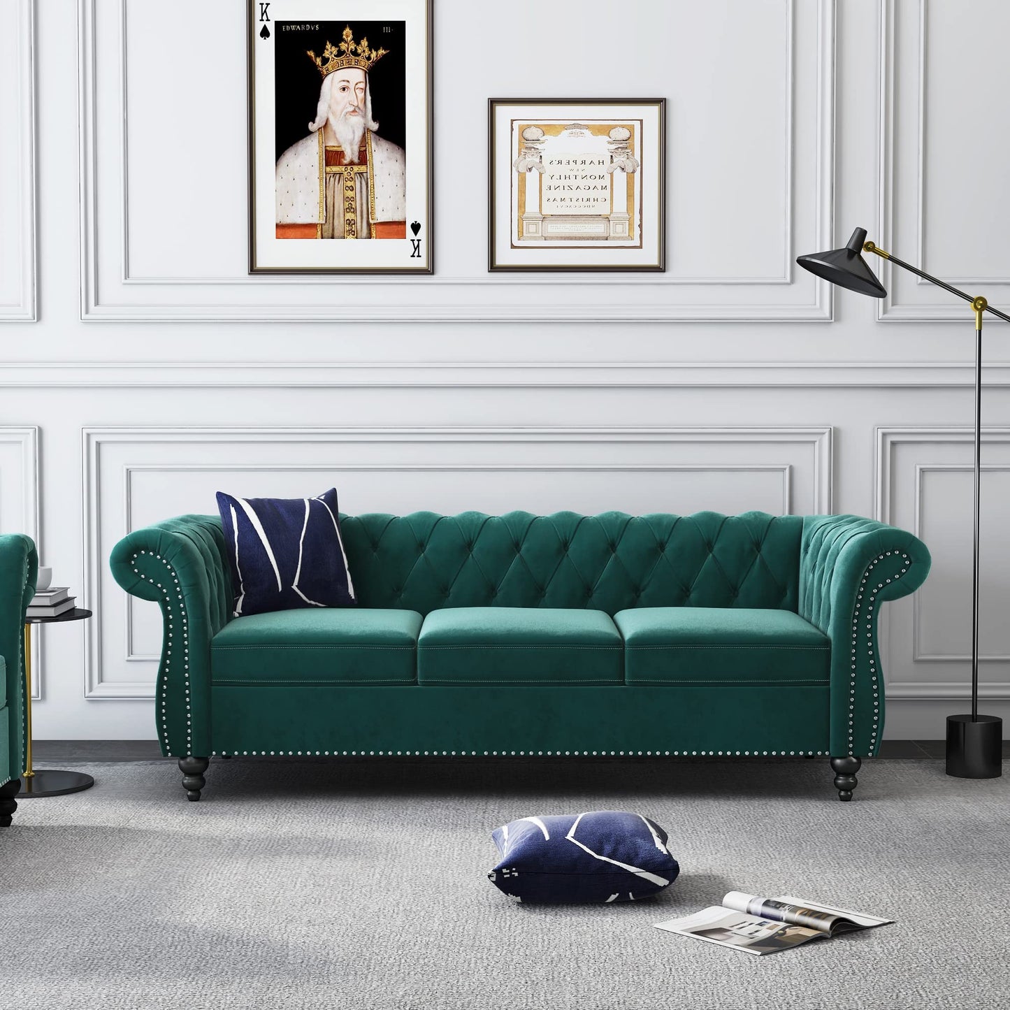 Chesterfield Velvet Modern Tufted Couch 3 Seater with Rolled Arms and Nailhead EK HOME FURNITURE