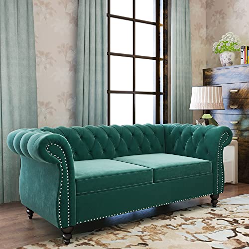 Chesterfield Velvet Modern Tufted Couch 3 Seater with Rolled Arms and Nailhead EK HOME FURNITURE