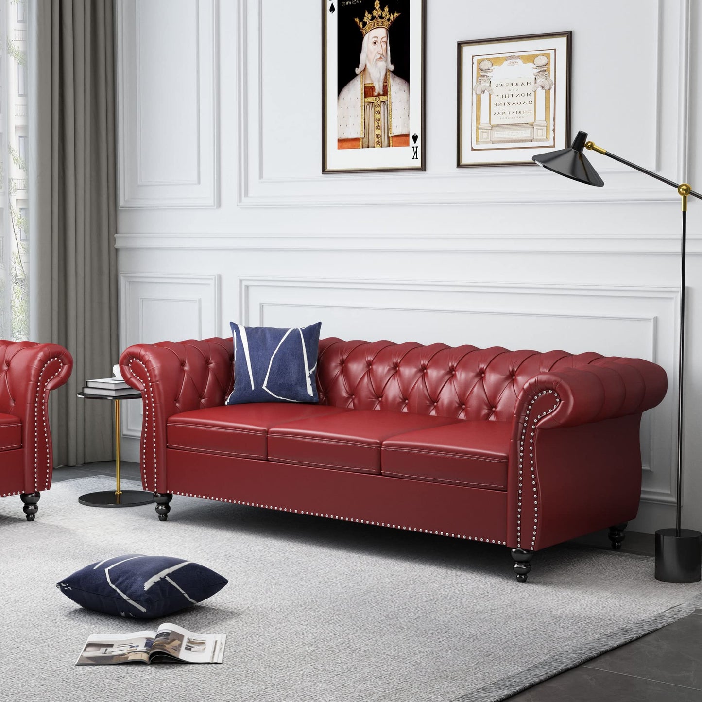 Chesterfield Velvet Modern Tufted Couch 3 Seater with Rolled Arms and Nailhead EK HOME FURNITURE