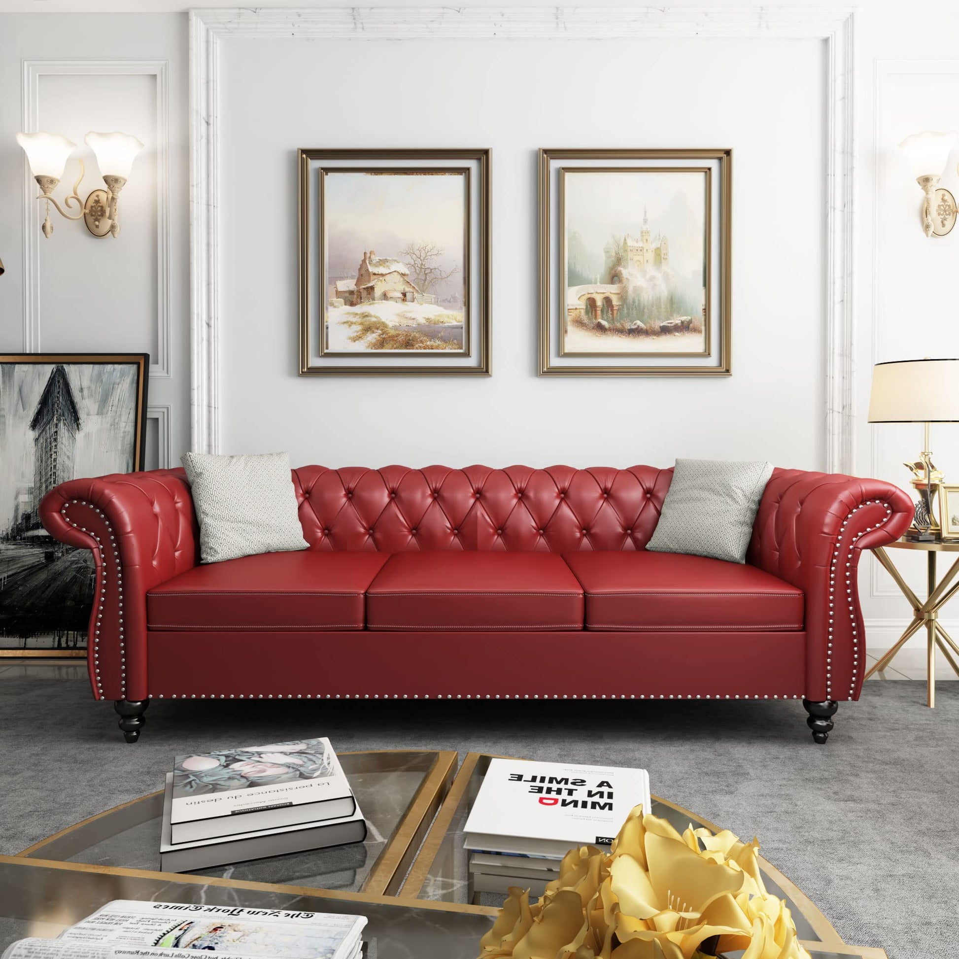 Chesterfield Velvet Modern Tufted Couch 3 Seater with Rolled Arms and Nailhead EK HOME FURNITURE