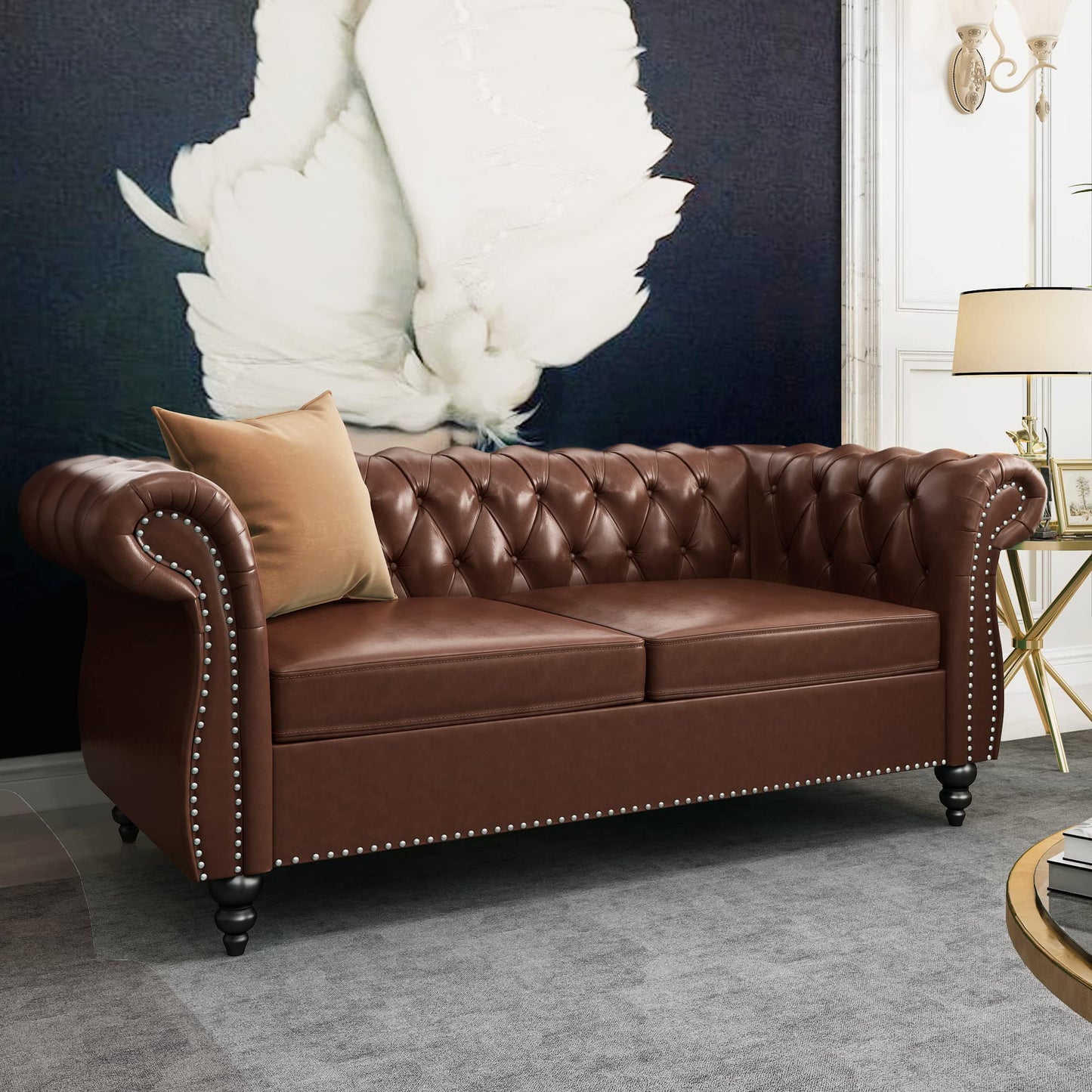 Chesterfield Velvet Modern Tufted Couch 3 Seater with Rolled Arms and Nailhead EK HOME FURNITURE