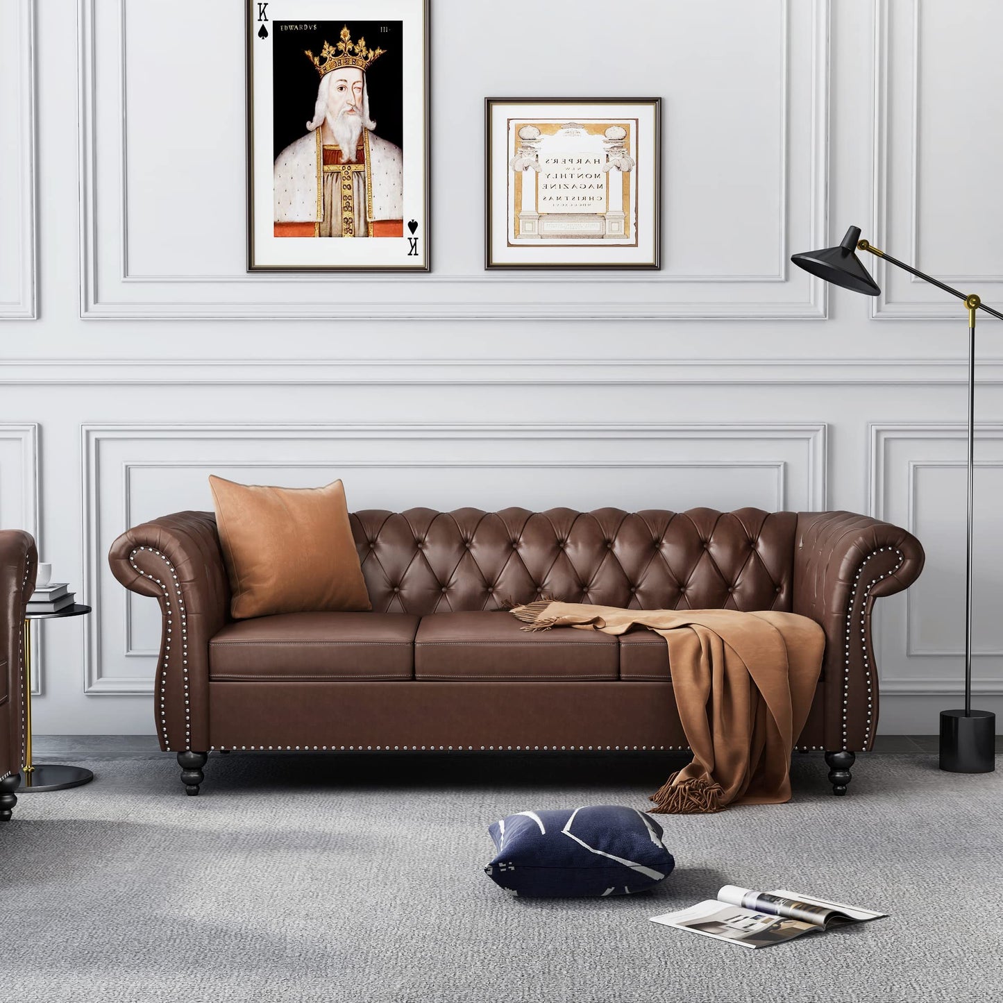 Chesterfield Velvet Modern Tufted Couch 3 Seater with Rolled Arms and Nailhead EK HOME FURNITURE