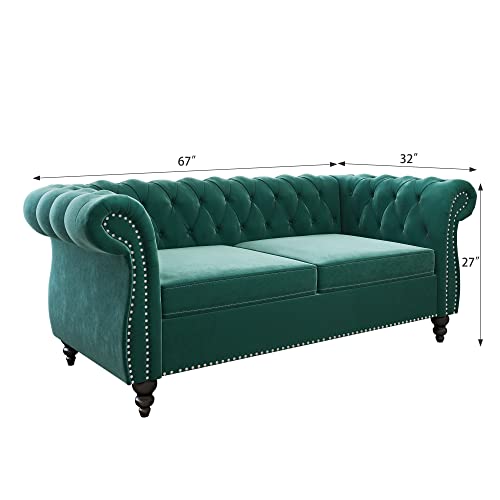 Chesterfield Velvet Modern Tufted Couch 3 Seater with Rolled Arms and Nailhead EK HOME FURNITURE