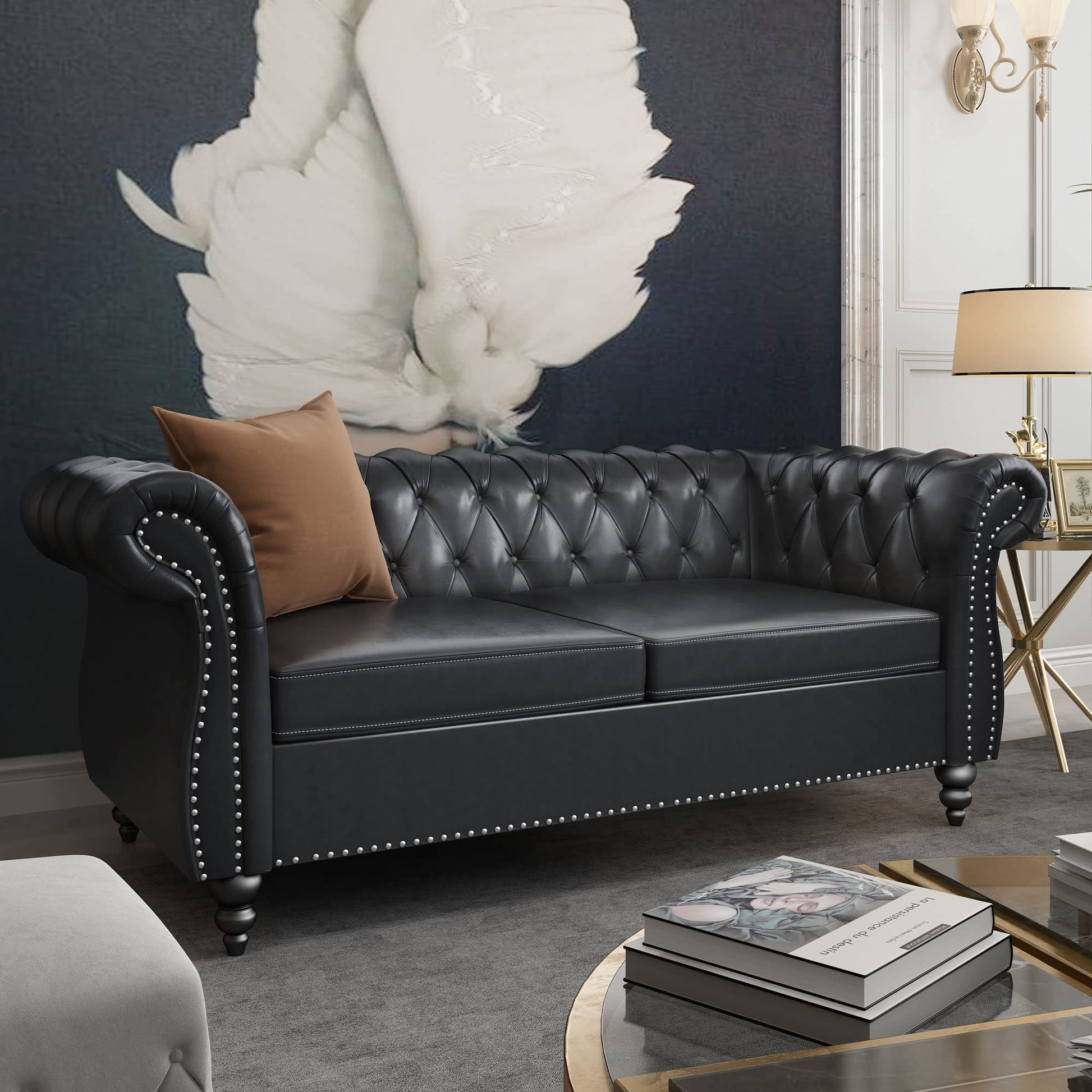 Chesterfield Velvet Modern Tufted Couch 3 Seater with Rolled Arms and Nailhead EK HOME FURNITURE