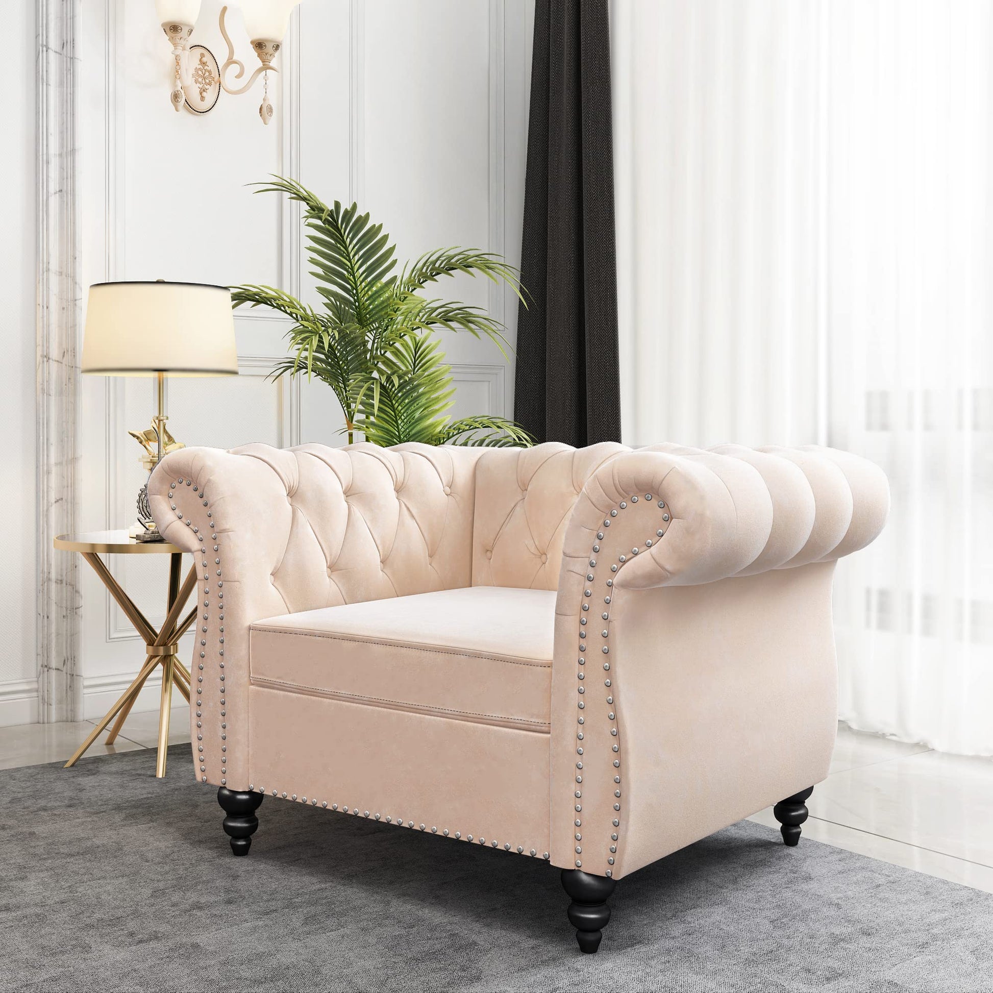 Chesterfield Velvet Modern Tufted Couch 3 Seater with Rolled Arms and Nailhead EK HOME FURNITURE