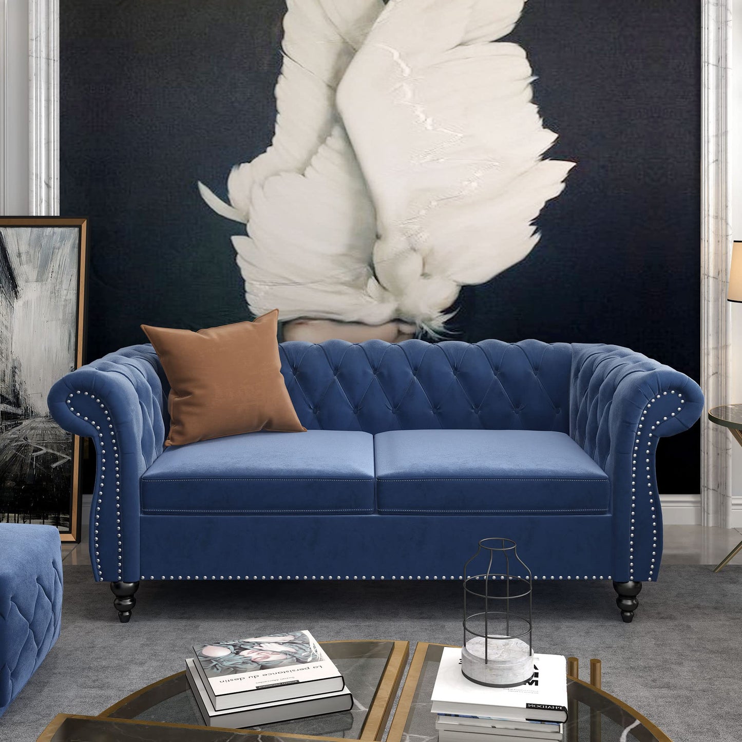 Chesterfield Velvet Modern Tufted Couch 3 Seater with Rolled Arms and Nailhead EK HOME FURNITURE