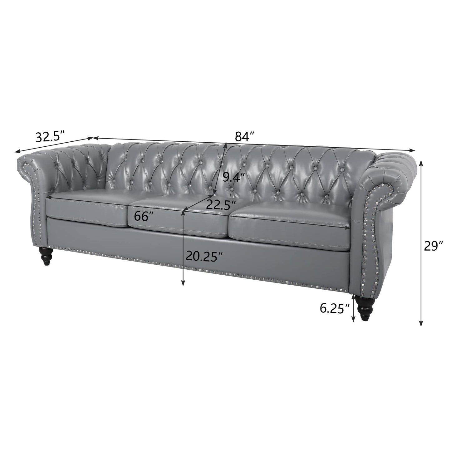 Chesterfield Velvet Modern Tufted Couch 3 Seater with Rolled Arms and Nailhead EK HOME FURNITURE