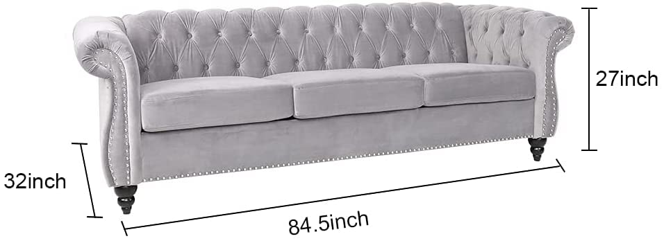 Chesterfield Velvet Modern Tufted Couch 3 Seater with Rolled Arms and Nailhead EK HOME FURNITURE