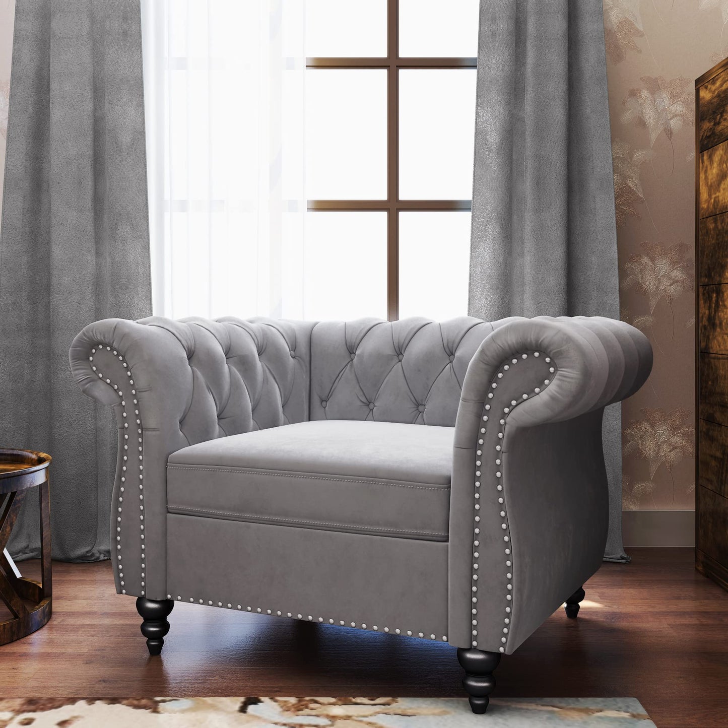 Chesterfield Velvet Modern Tufted Couch 3 Seater with Rolled Arms and Nailhead EK HOME FURNITURE