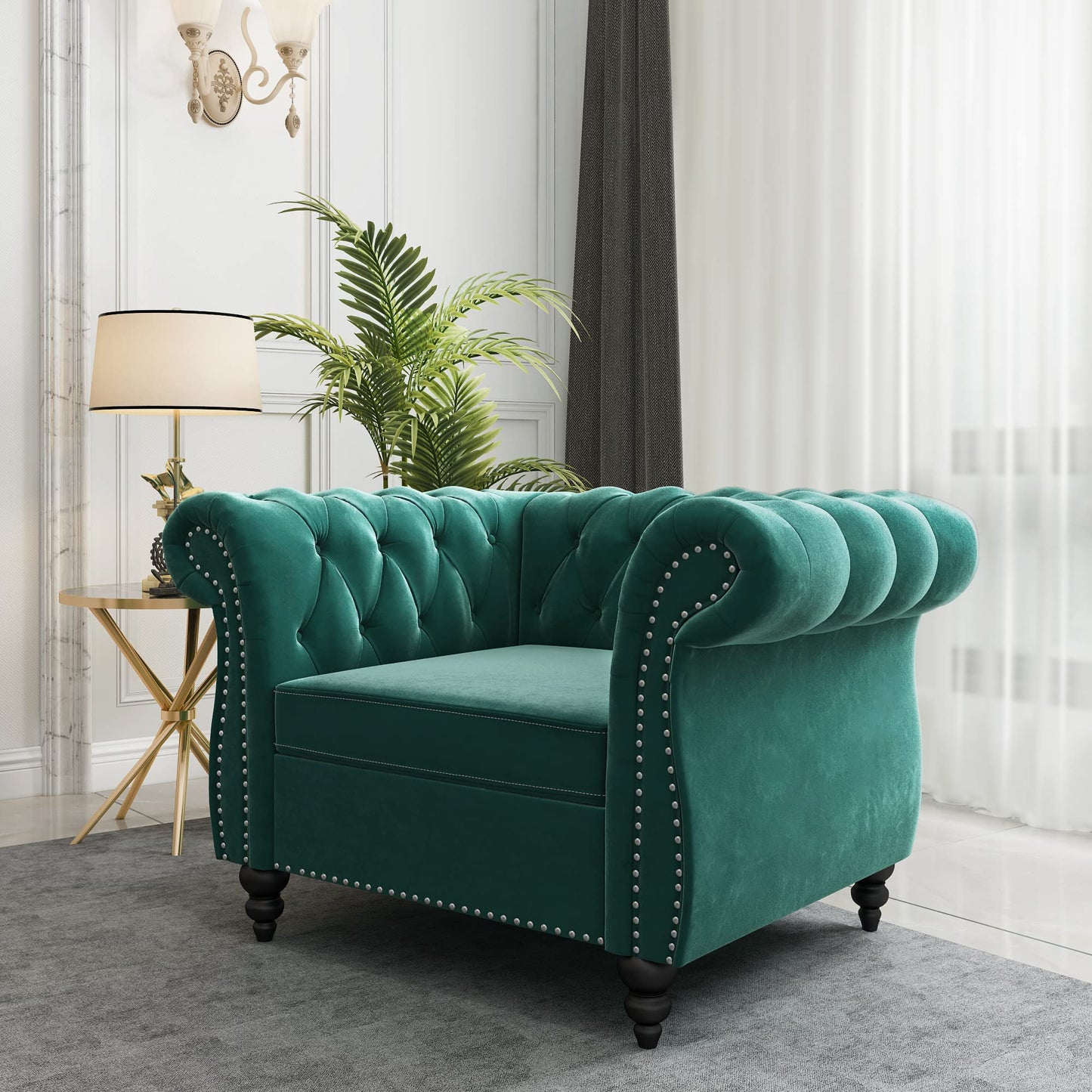 Chesterfield Velvet Modern Tufted Couch 3 Seater with Rolled Arms and Nailhead EK HOME FURNITURE