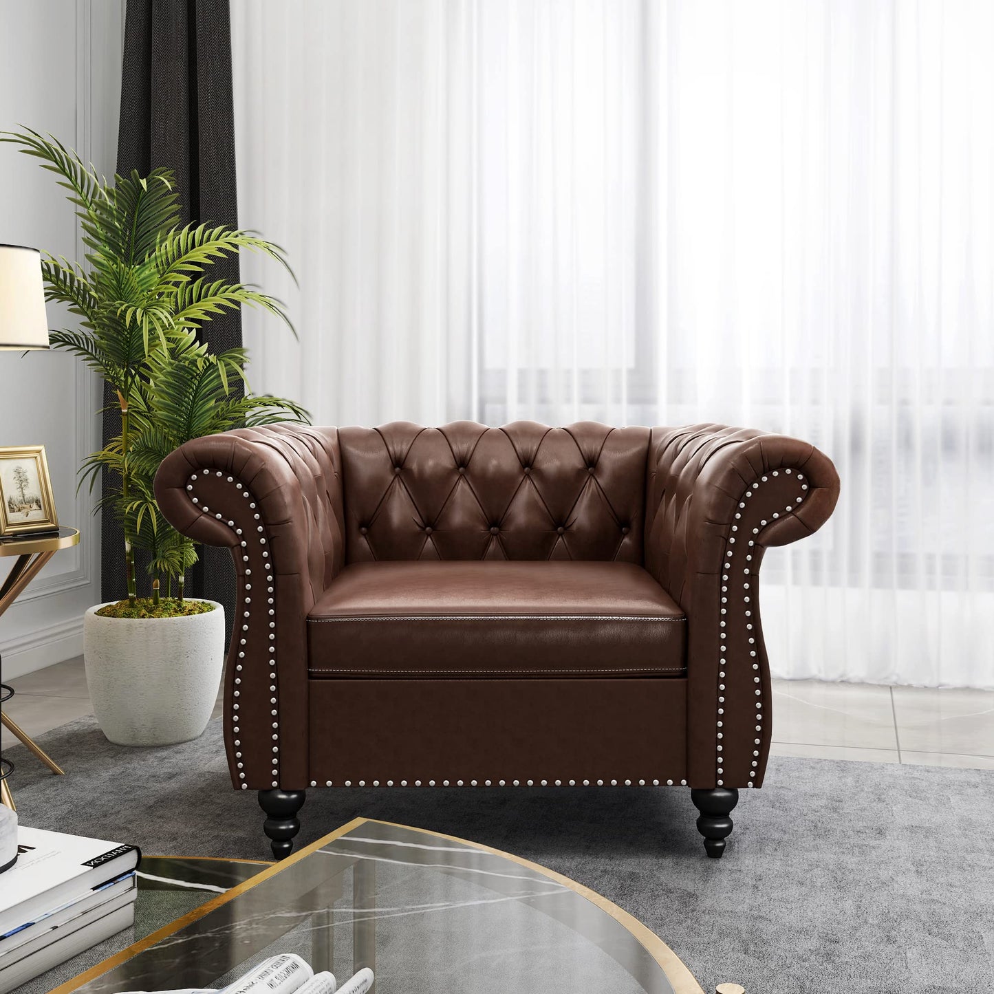 Chesterfield Velvet Modern Tufted Couch 3 Seater with Rolled Arms and Nailhead EK HOME FURNITURE