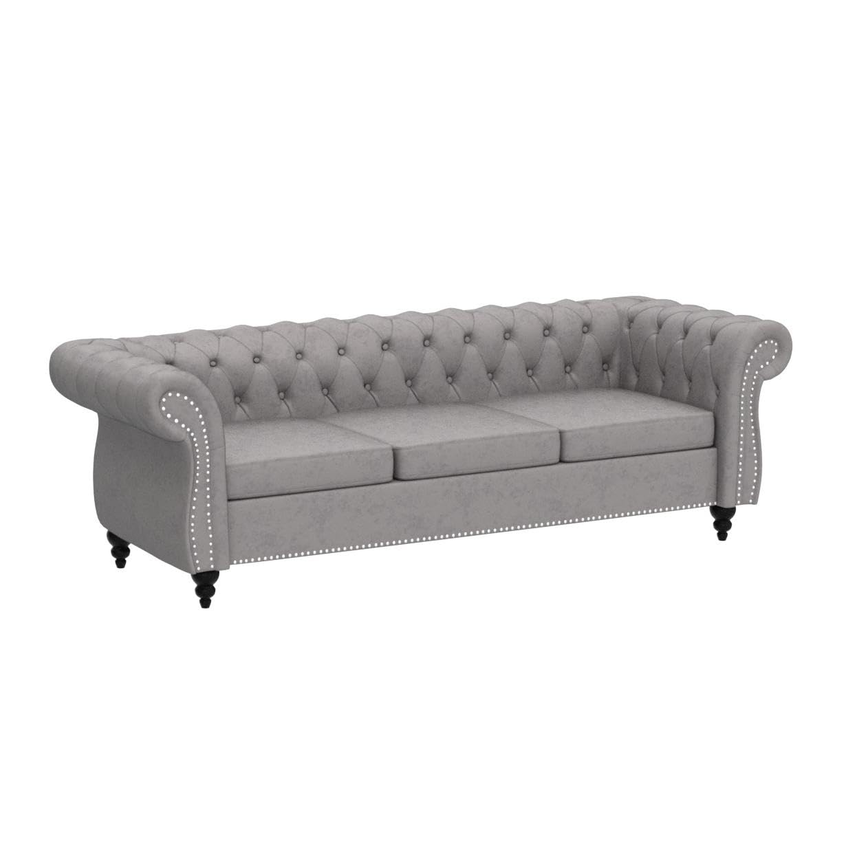 Chesterfield Velvet Modern Tufted Couch 3 Seater with Rolled Arms and Nailhead EK HOME FURNITURE