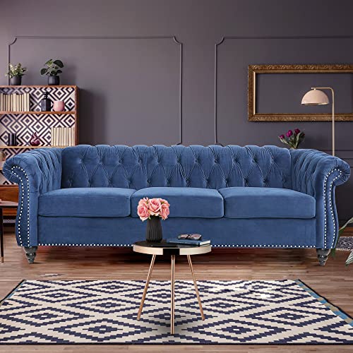 Chesterfield Velvet Modern Tufted Couch 3 Seater with Rolled Arms and Nailhead EK HOME FURNITURE