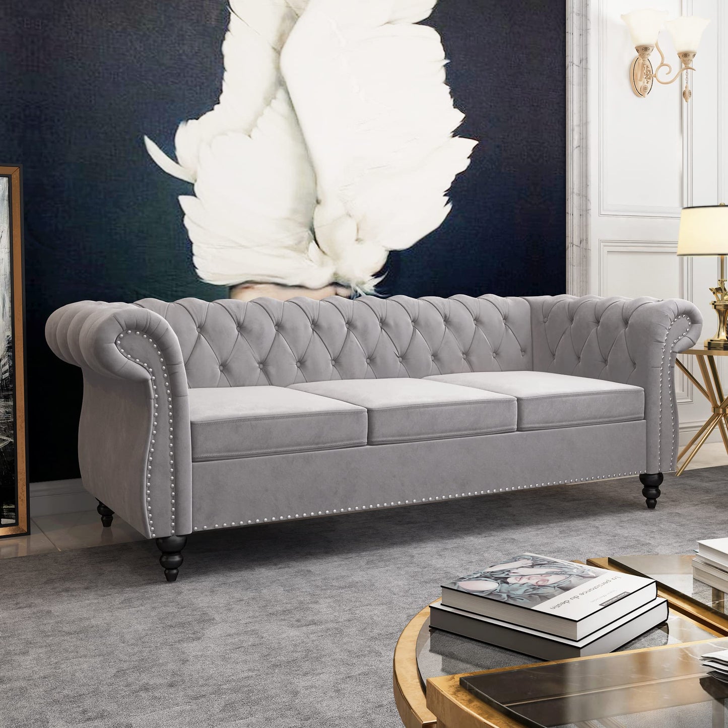 Chesterfield Velvet Modern Tufted Couch 3 Seater with Rolled Arms and Nailhead EK HOME FURNITURE