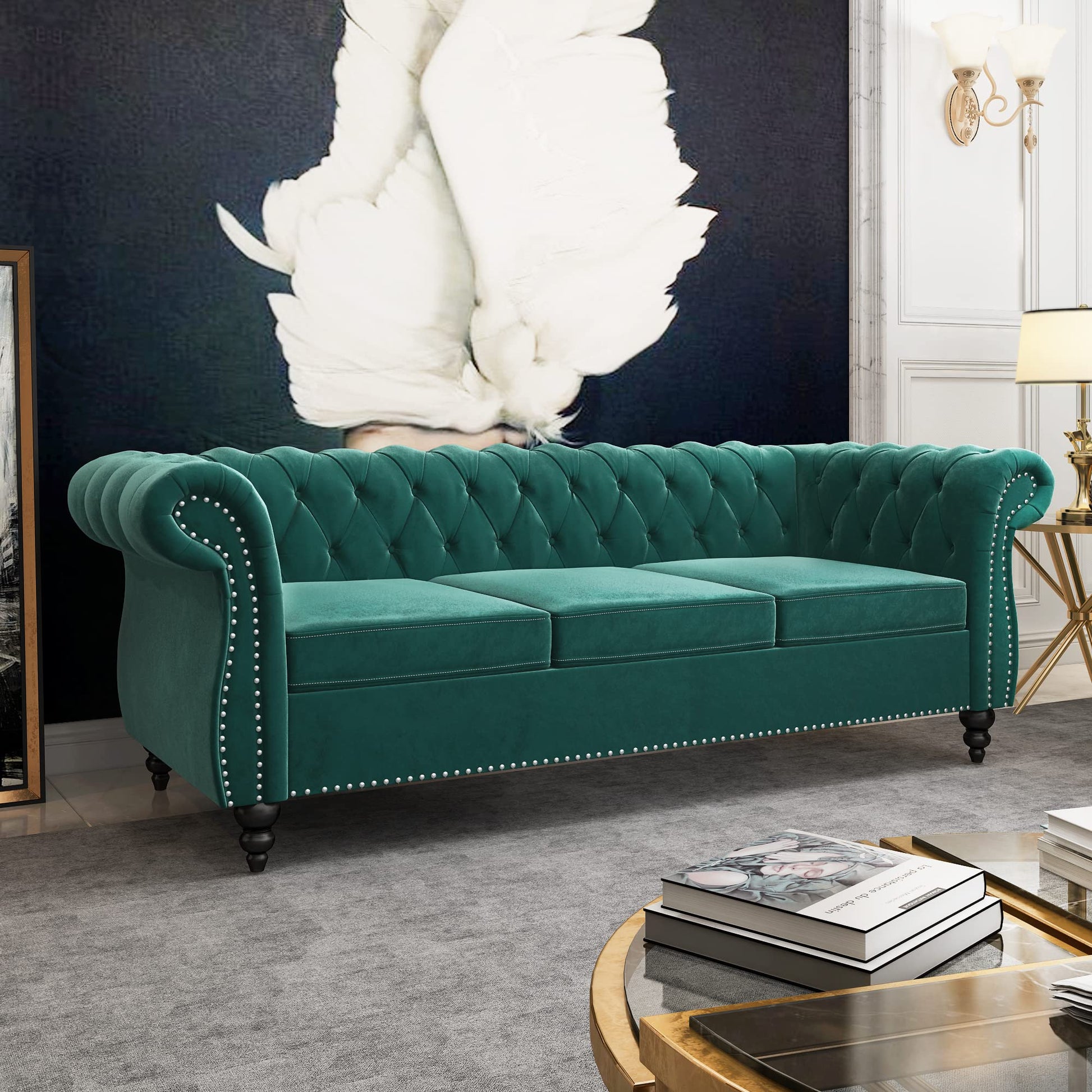 Chesterfield Velvet Modern Tufted Couch 3 Seater with Rolled Arms and Nailhead EK HOME FURNITURE